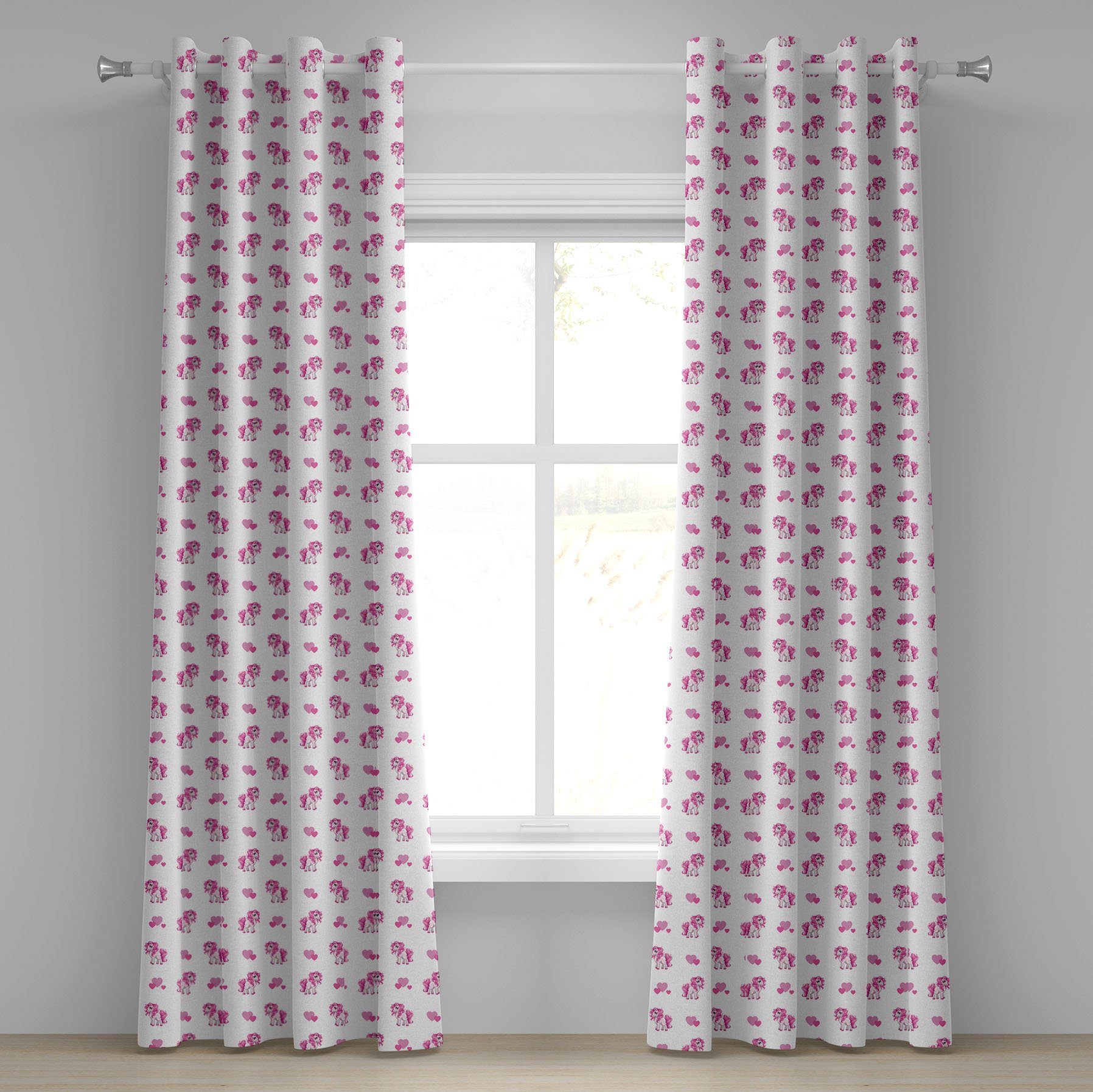 Gardine Dekorative 2-Panel-Fenstervorhänge für Schlafzimmer Wohnzimmer, Abakuhaus, Liebe Rosa Herz-Mädchen-Pony