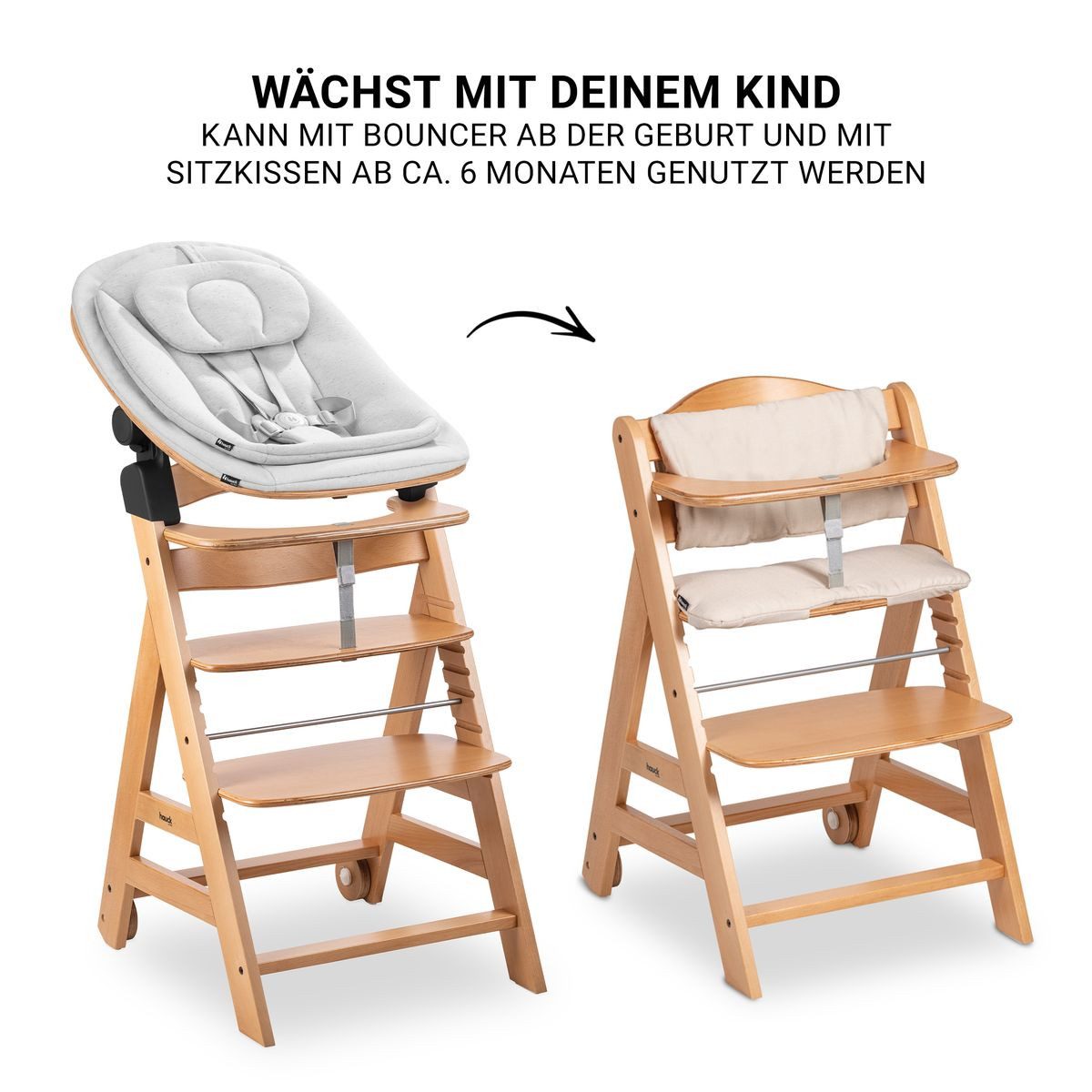 Hauck Hochstuhl Beta Plus Natural Newbornset Eco - Light Grey (Set), Holz Babystuhl ab Geburt mit Neugeborenensufsatz, Sitzkissen, Essbrett – Bild 4 von 5