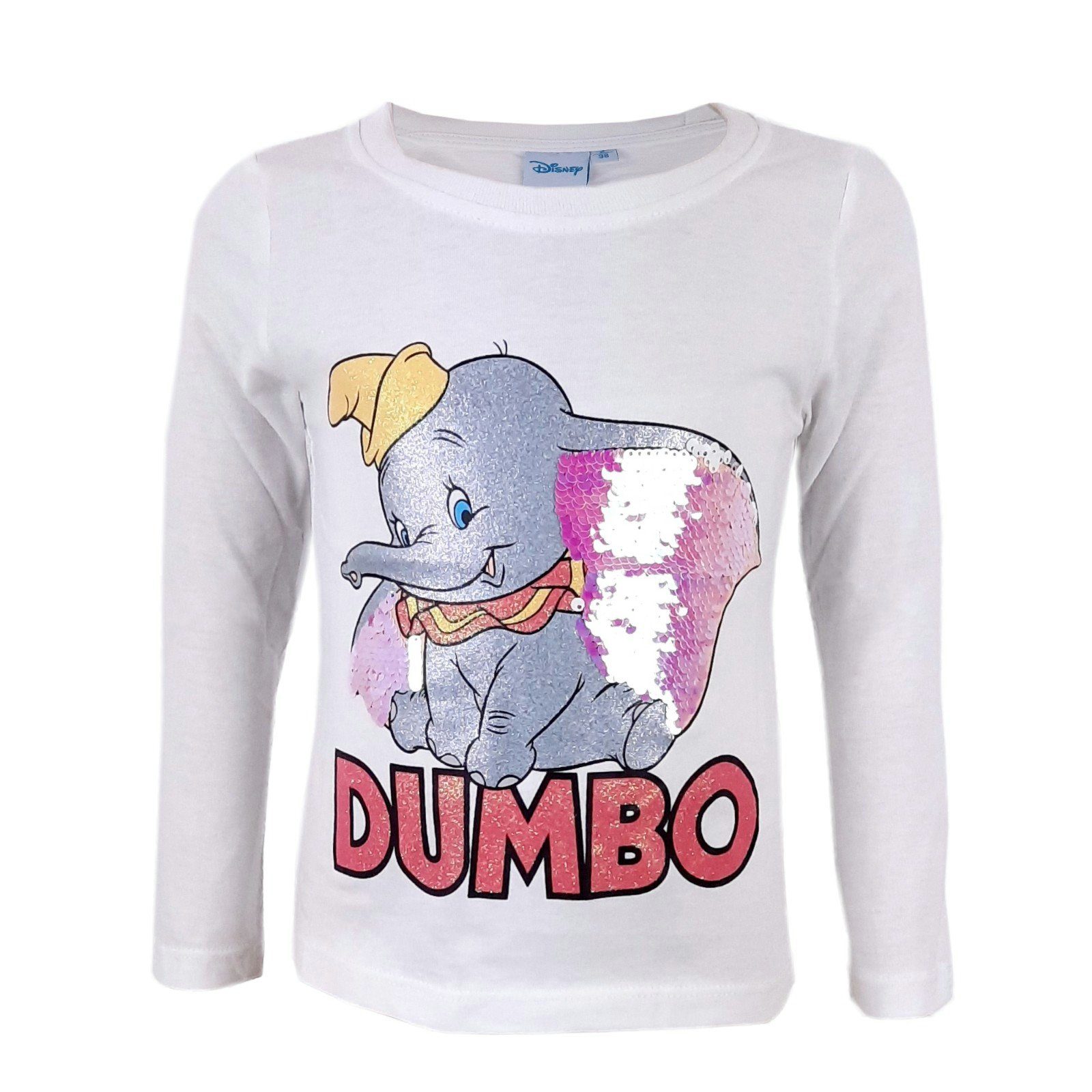 Disney Langarmshirt Dumbo der Elefant Kinder Shirt mit Pailletten Gr. 98 bis 128, 100% Baumwolle