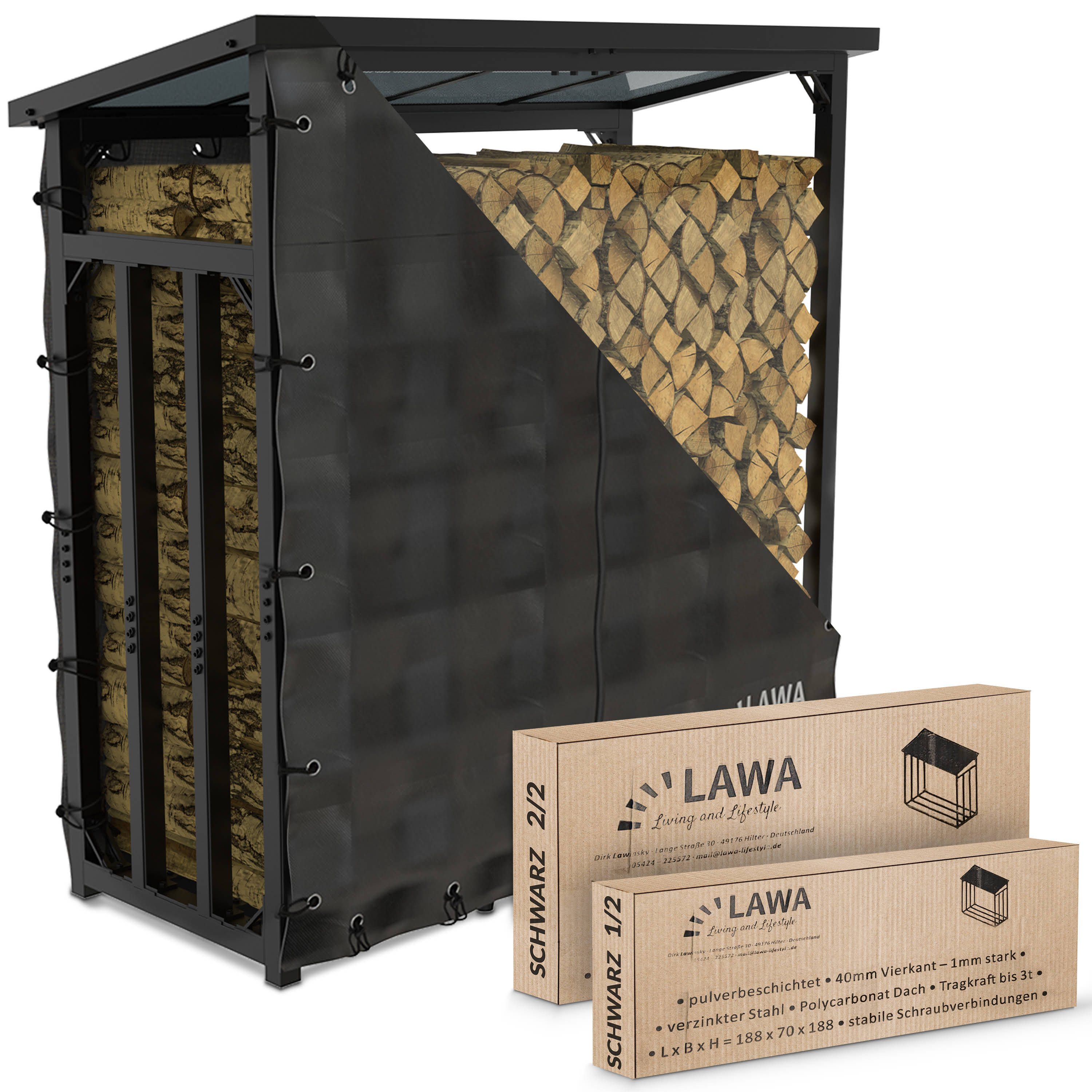 LAWA Living and Lifestyle Kaminholzregal außen mit Dach aus Metall Abdeckplane verzinkte Stapelhilfe, BxTxH:188.00x70.00x188.00 cm, mit Wetterschutz