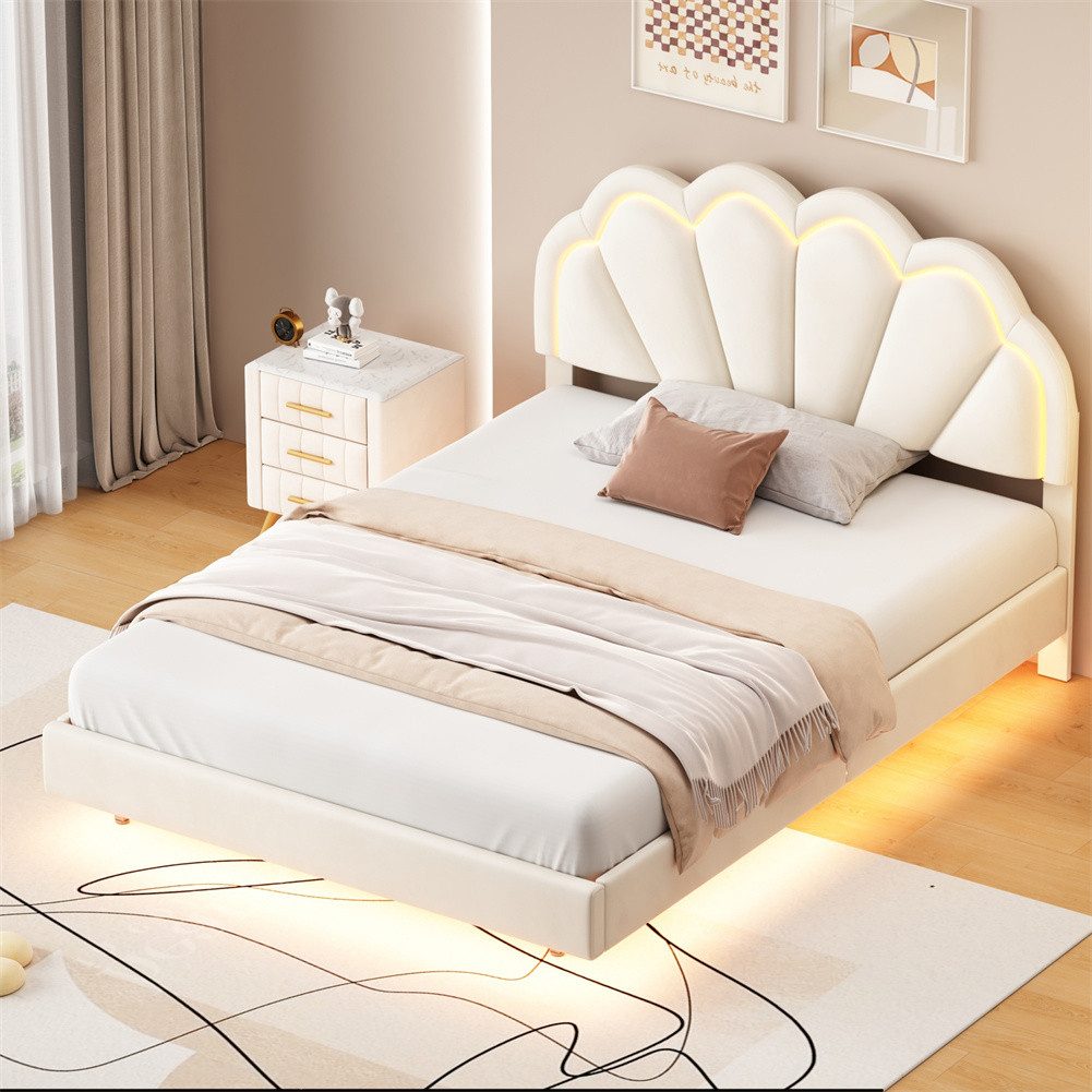 Sweiko Polsterbett (gepolsterter schwebender Bettrahmen, mit LED-Beleuchtung und einzigartigem Design des Kopfteils), 140 x 200 cm,Samtstoff,Beige