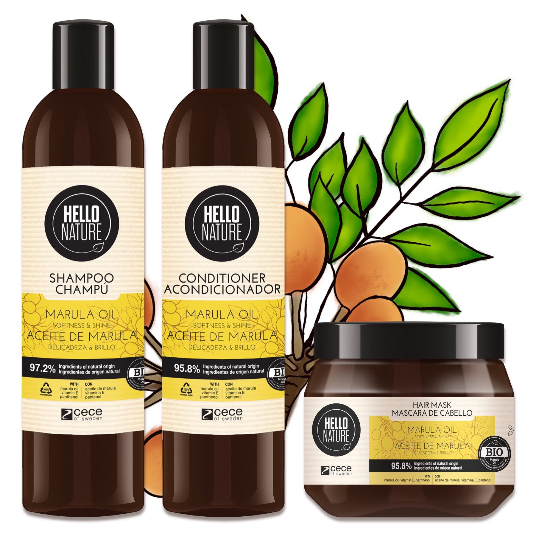 Hello Nature Haarpflege-Set Haarkur Haar Shampoo Conditioner Haarmaske Set Marula Öl Bio Vegan, Haarpflegeset, Shampoo, Haarspülung, Haarmaske