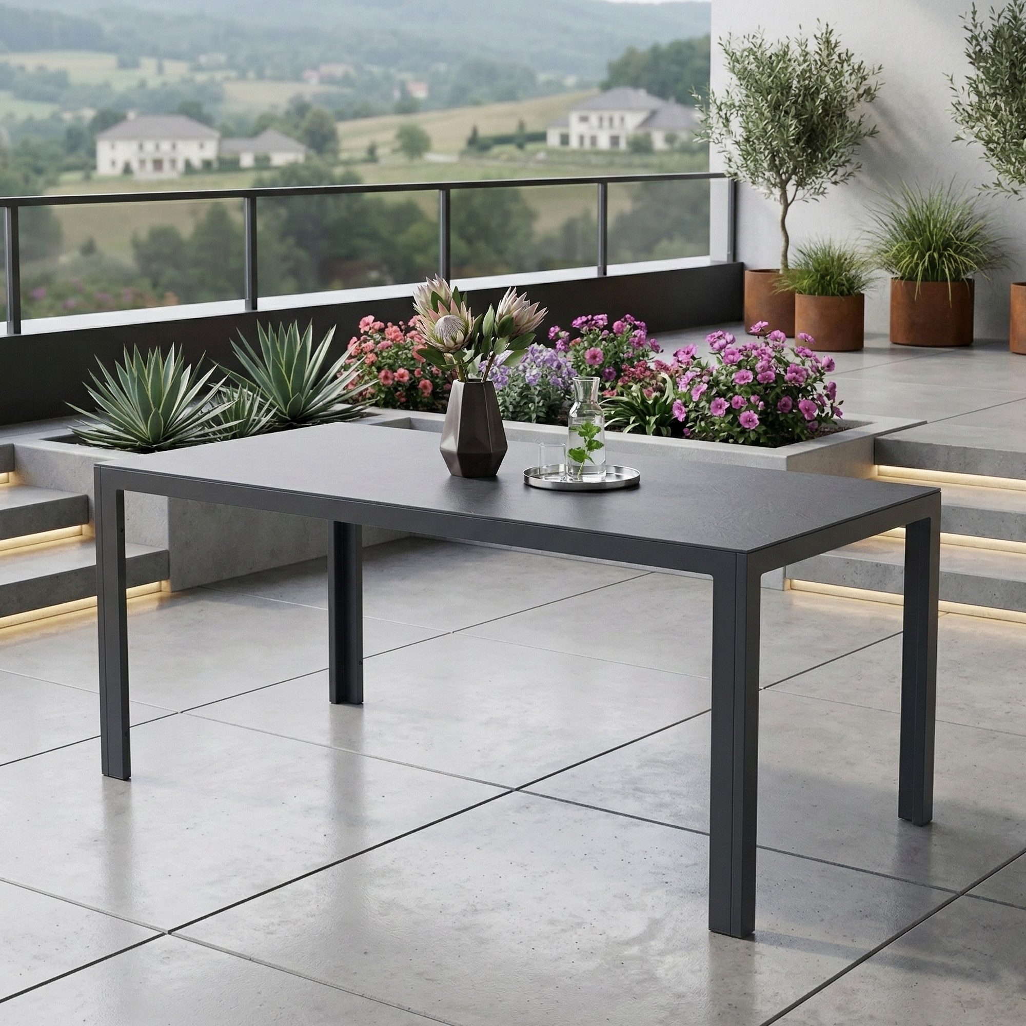 MANDALIKA Garden Gartentisch Dining Tisch Luna 150x80x74 cm mit Dekorglas in Steinoptik