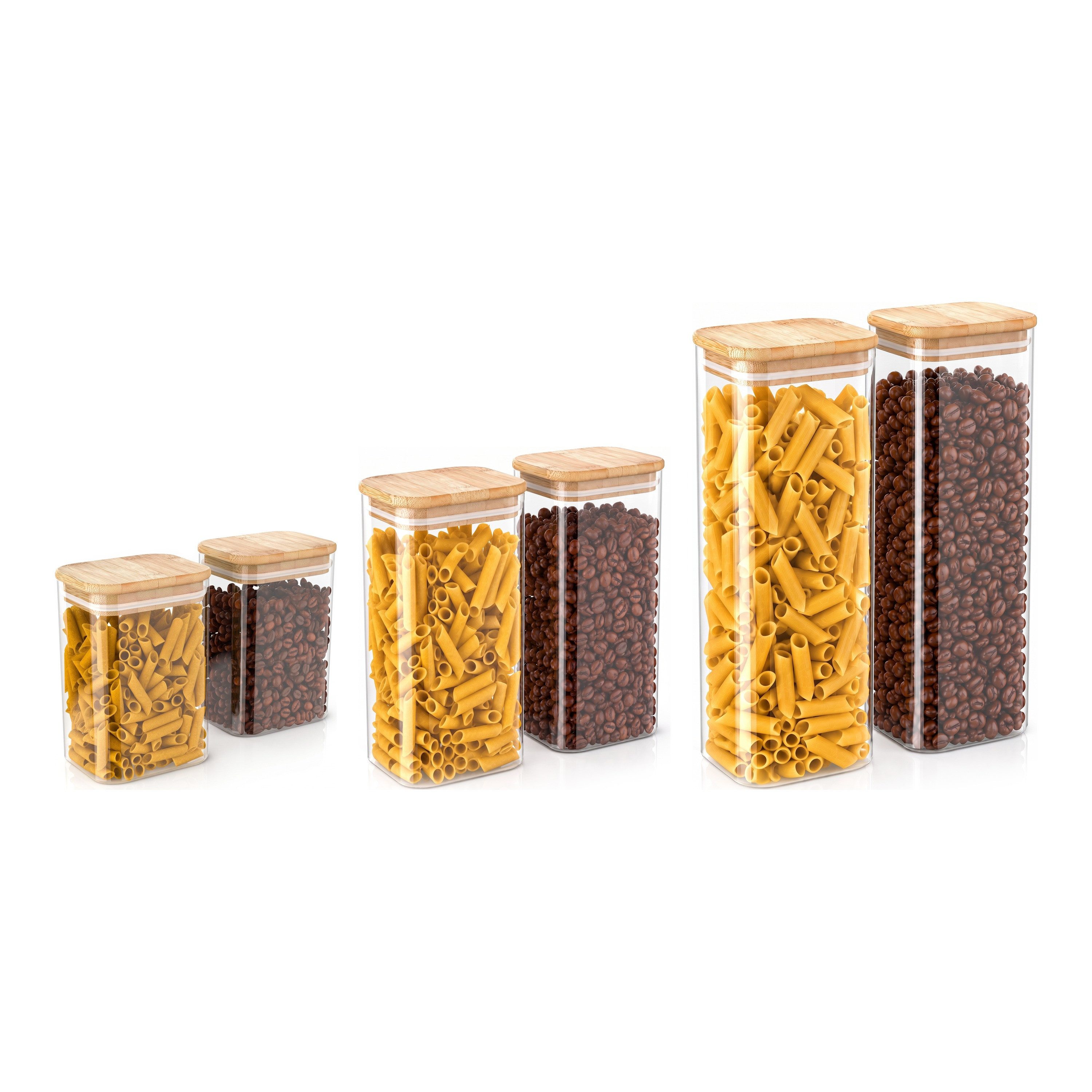 Arendo Vorratsglas eckig mit Bambusdeckel und Silikondichtung, luftdicht, 3 Größen, Borosilikatglas, (Set, 6-tlg., 2 x 1200 ml, 2 x 1600 ml, 2 x 2250 ml), Glas gefrier-, mikrowellen- & spülmaschinenfest, -40 bis +400 °C