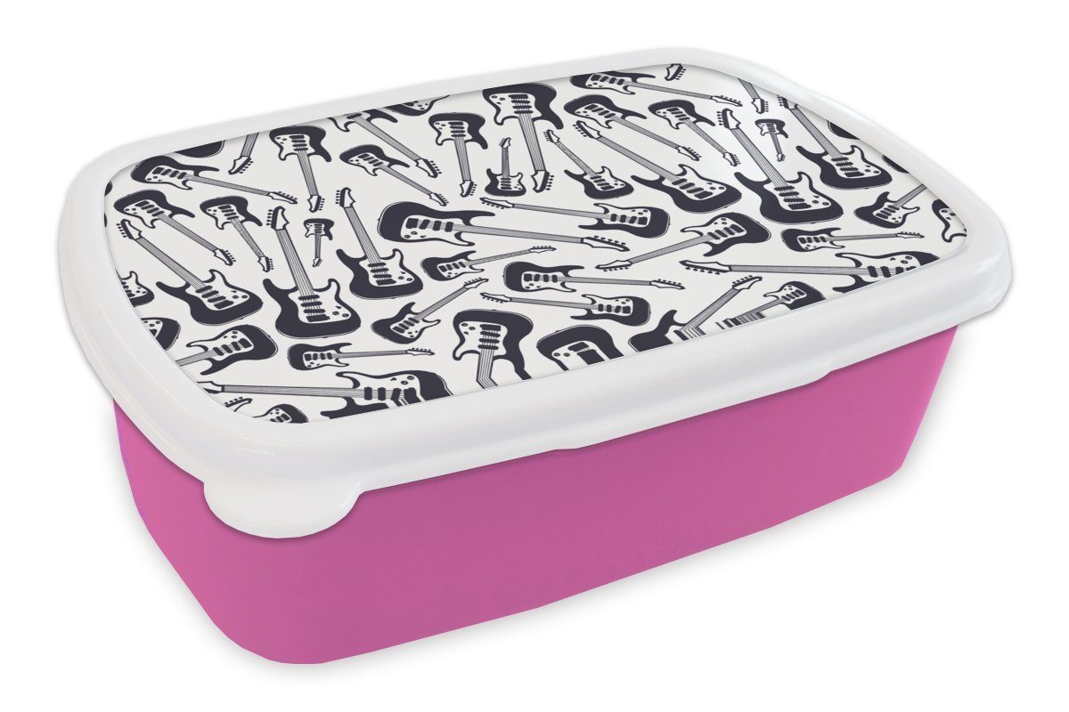 Brotbox Erwachsene, (2-tlg), Muster Kunststoff MuchoWow Kunststoff, Mädchen, - und Lunchbox Gitarre Snackbox, Weiß, - Schwarz rosa Brotdose für Kinder,