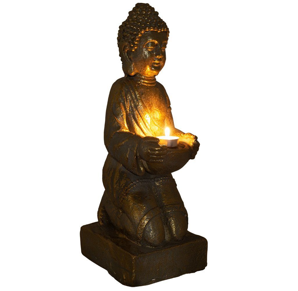 Trendyshop365 Buddhafigur 35cm Feng-Shui Dekofigur Garten Buddha Statue (1 St), wetterfest in Bronzeoptik mit Teelichthalter