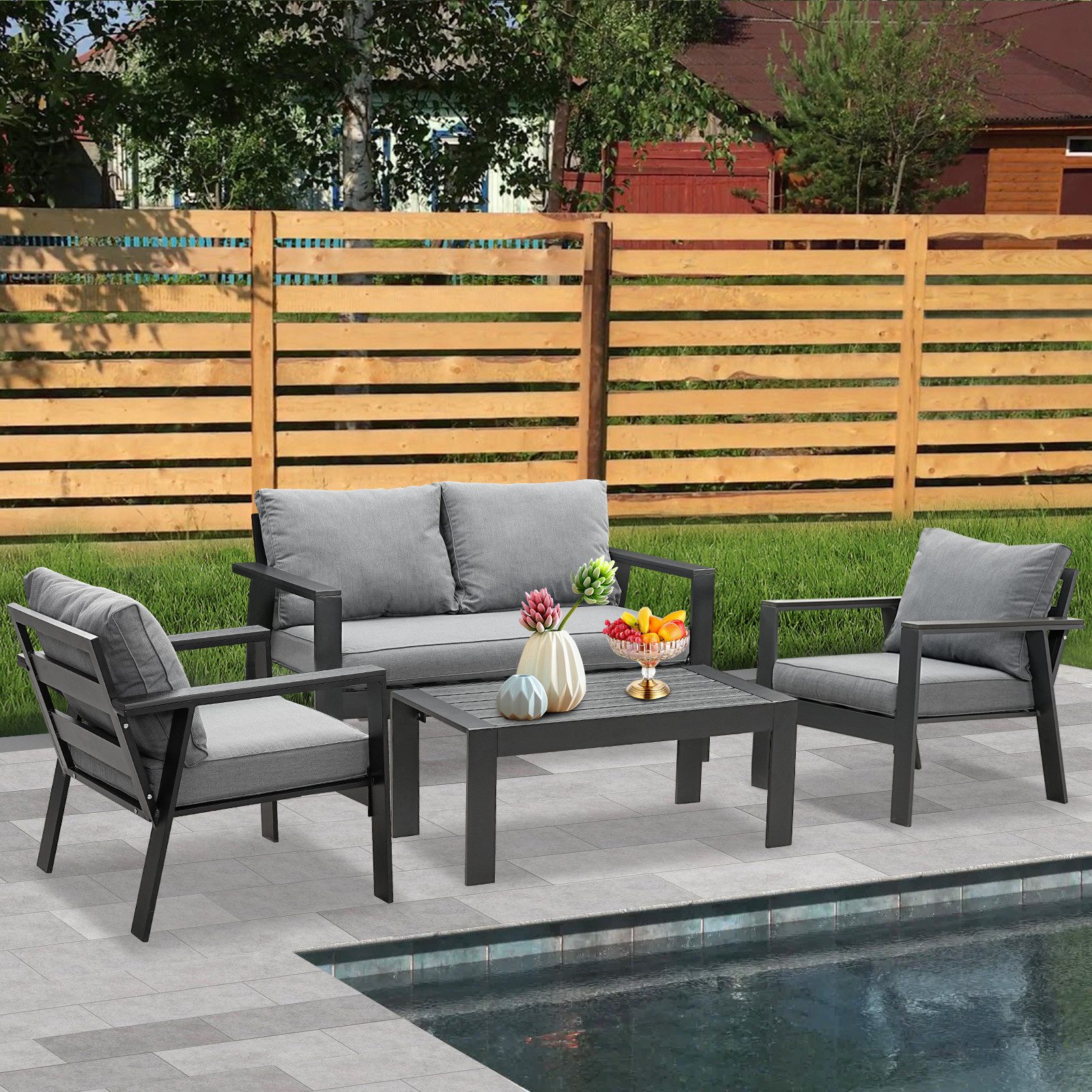 MeXo Gartenlounge-Set Gartenmöbel Set Aluminium Loungeset für Terrasse Balkon, (Set, 1×2-Sitzer Sofa, 2×Einzelsessel, 1×Couchtisch, 7×Auflagen), wetterfest Sitzgruppe Essgruppe Gartengarnitur für 3-4 Personen