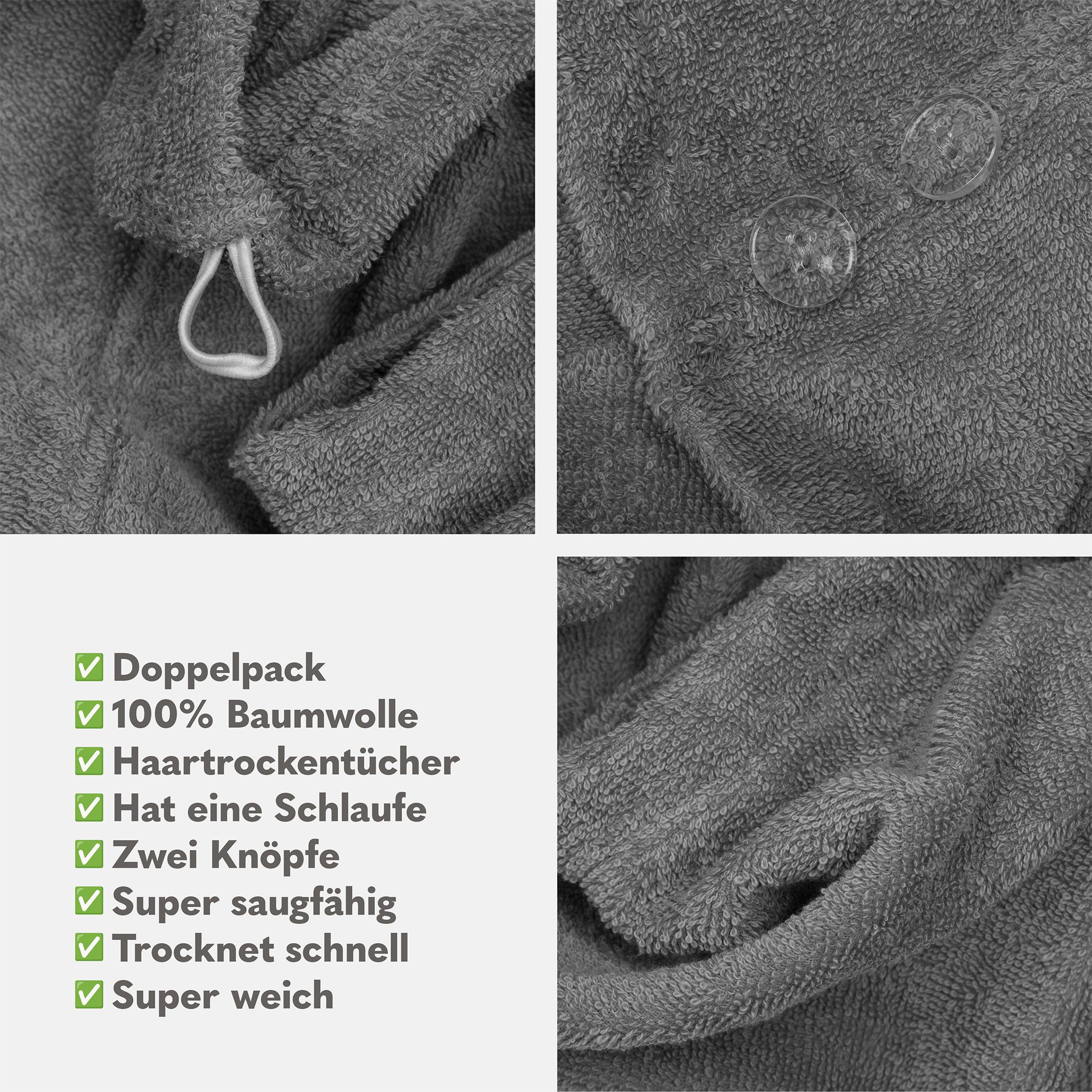 HAMMETEX Turban-Handtuch 2er Set Haarturban Damen, 100% Baumwolle, Flauschig & Schnelltrocknend, Frottier (Set, 2-St), Uni-Farben, weich – Bild 5 von 5
