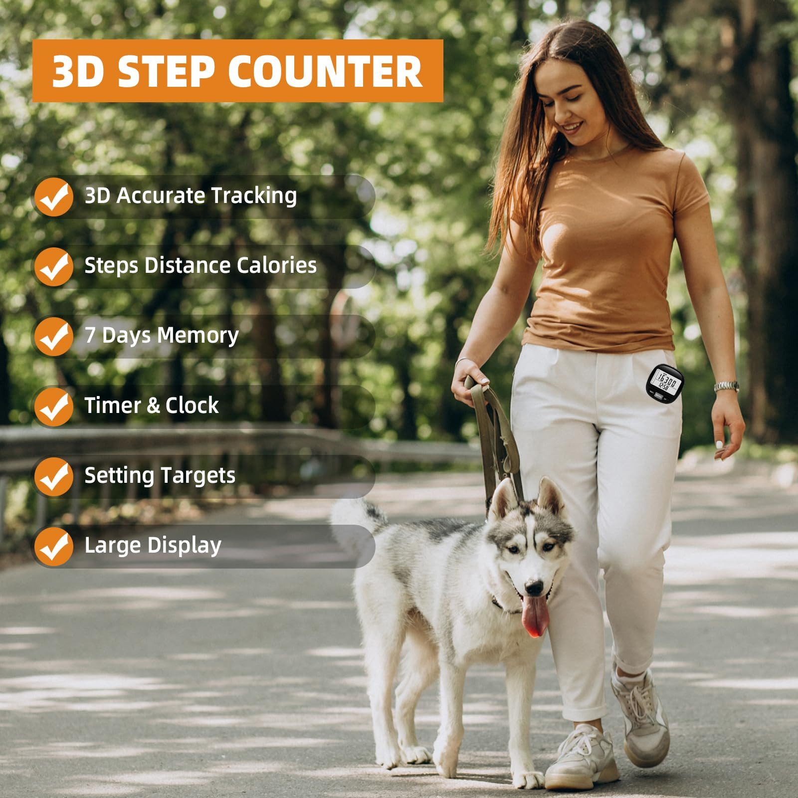 Coonoor Schrittzähler 3D-Schrittzähler, Schrittzähler mit größerem Display, mit abnehmbarem Clip und Trageband, Fitness-Schrittzähler