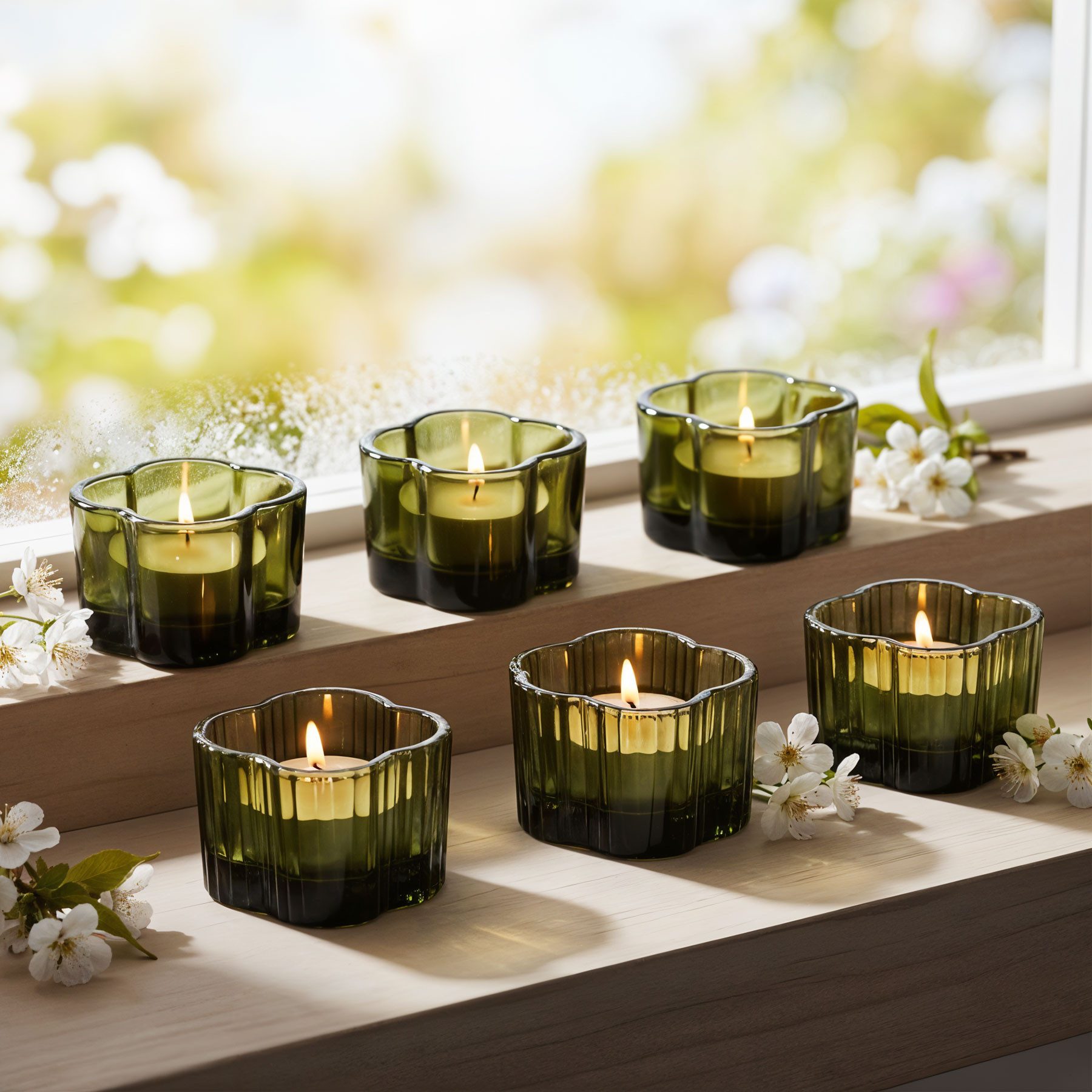 Levandeo® Teelichthalter, 6er Set Teelichthalter Blume Grün Kerzenhalter Frühling Kerzenglas