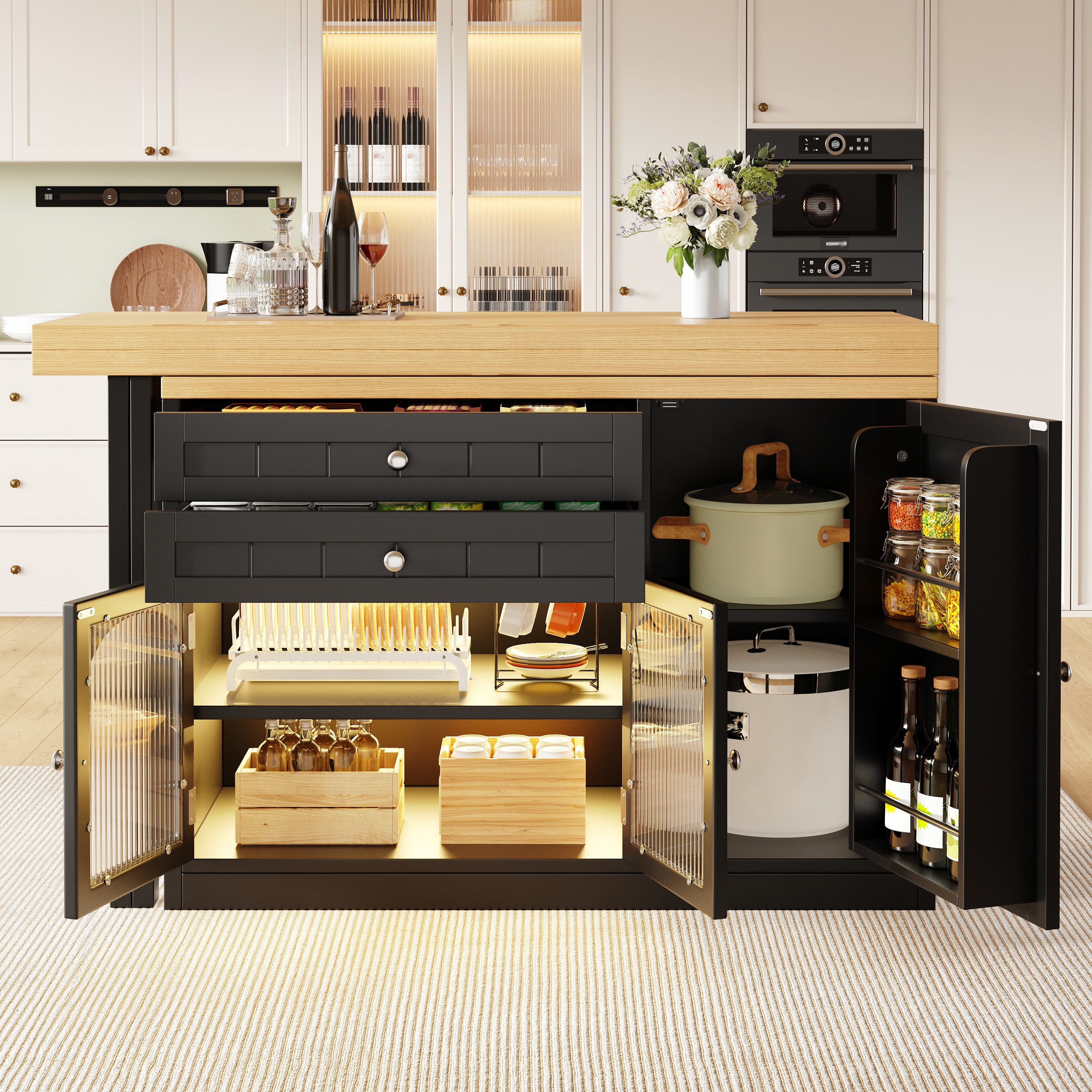 Flieks Kücheninsel Küchenschrank mit 360° drehbarer Esstisch, klappbarer Arbeitsplatte, (Holzoptik Tischplatte Tiefe 40-80cm, Längenverstellbar 120-194cm), ausziehbar Arbeitstisch&Mehrzweckschrank mit LED-Beleuchtung Schwarz