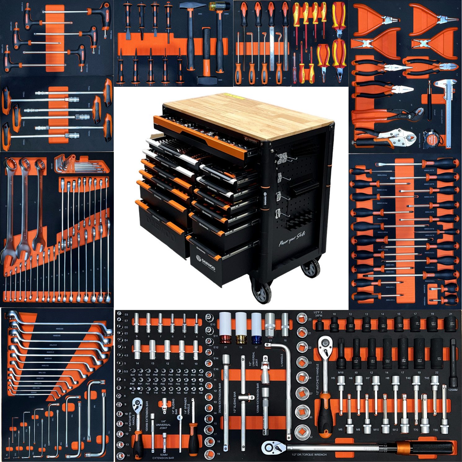 Daewoo Power Products Werkzeugwagen XXL Jumbo Daewoo befüllt Тележка для мастерских Werkzeugwagen DAMWS267, Ohne Maschinen, 267-tlg. Werkzeugset