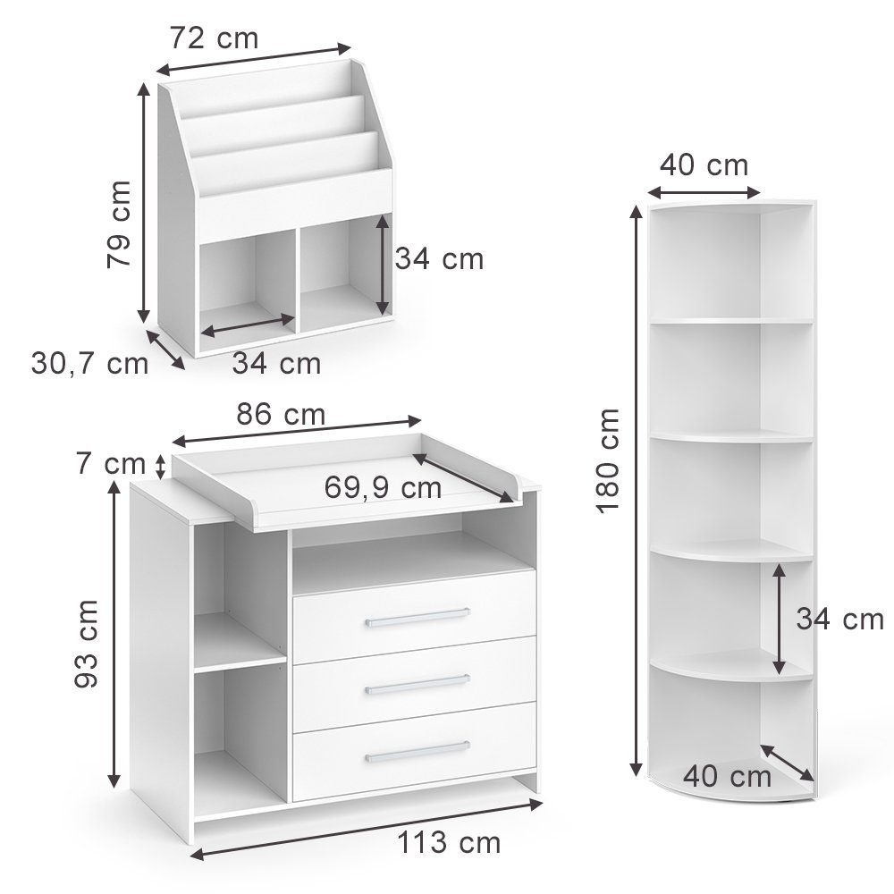 Vicco Babymöbel-Set Oskar, Weiß, 3 Teile, mit Wickelkommode, Spielzeugregal, Bücherregal, (3-tlg)
