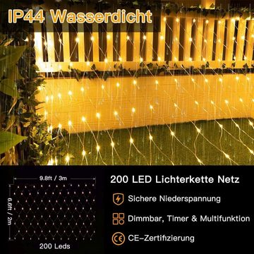 WILGOON LED-Lichternetz Lichterkette Netzlicht mit 8Modi IP44 Netzlich, Wasserdichte IP44 Christbaumlichterkette Dekor