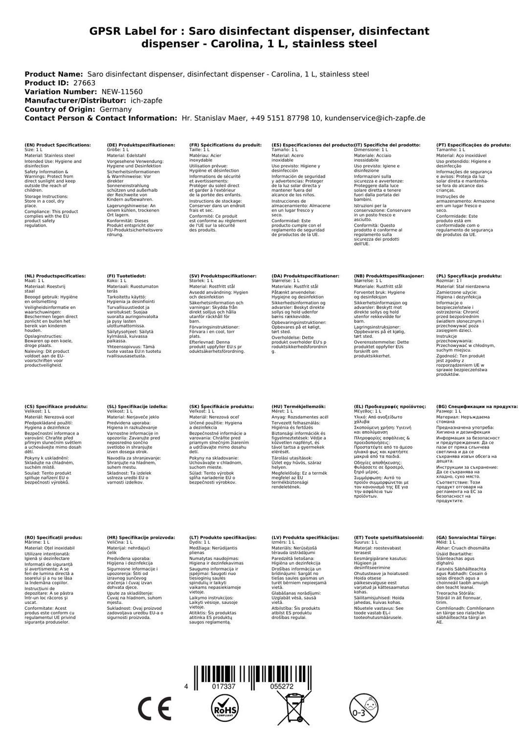 Saro Desinfektionsmittelspender Desinfektionsspender - Carolina, 1 L, edelstahl