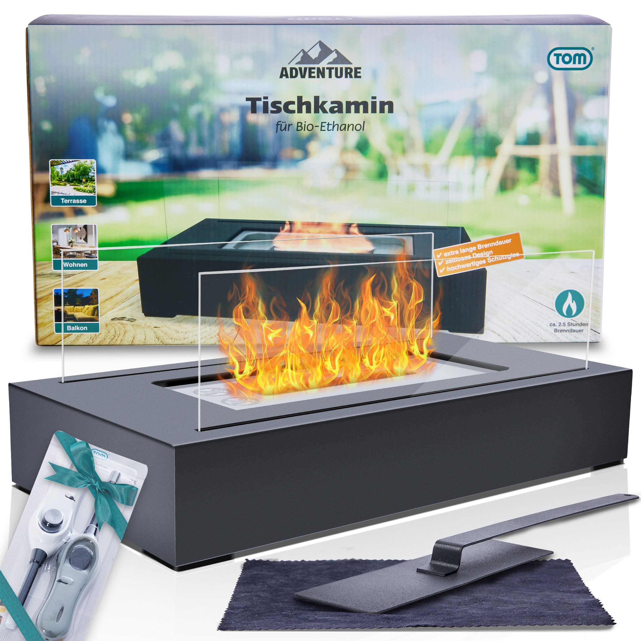 TOM Tischfeuer Tischkamin TF-200 Bio Ethanol (7-St), Eckig, Komplett Set, mit 2x Stabfeuerzeuge