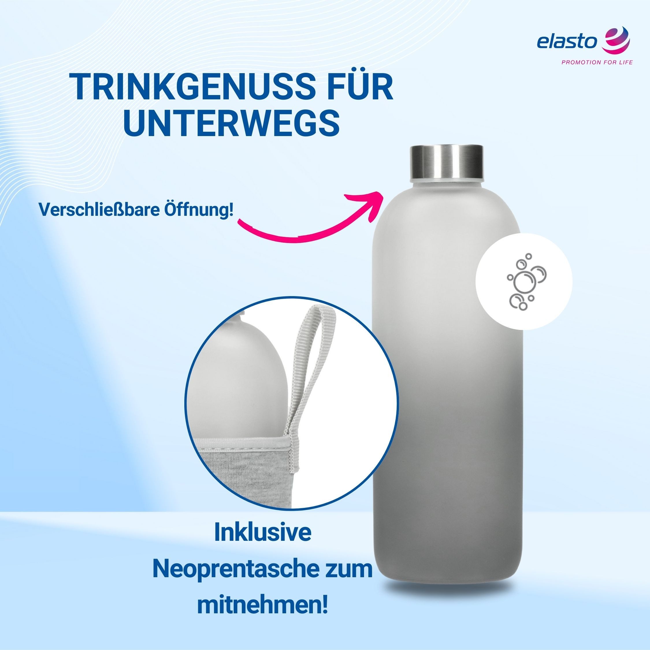 elasto Trinkflasche 1000 ml Wasserflasche "Iced" aus Glas mit Hülle inkl. Deckel, Glasflasche, Teeflasche, Stylisch, Arbeit, Schule, Erwachsene & Kinder
