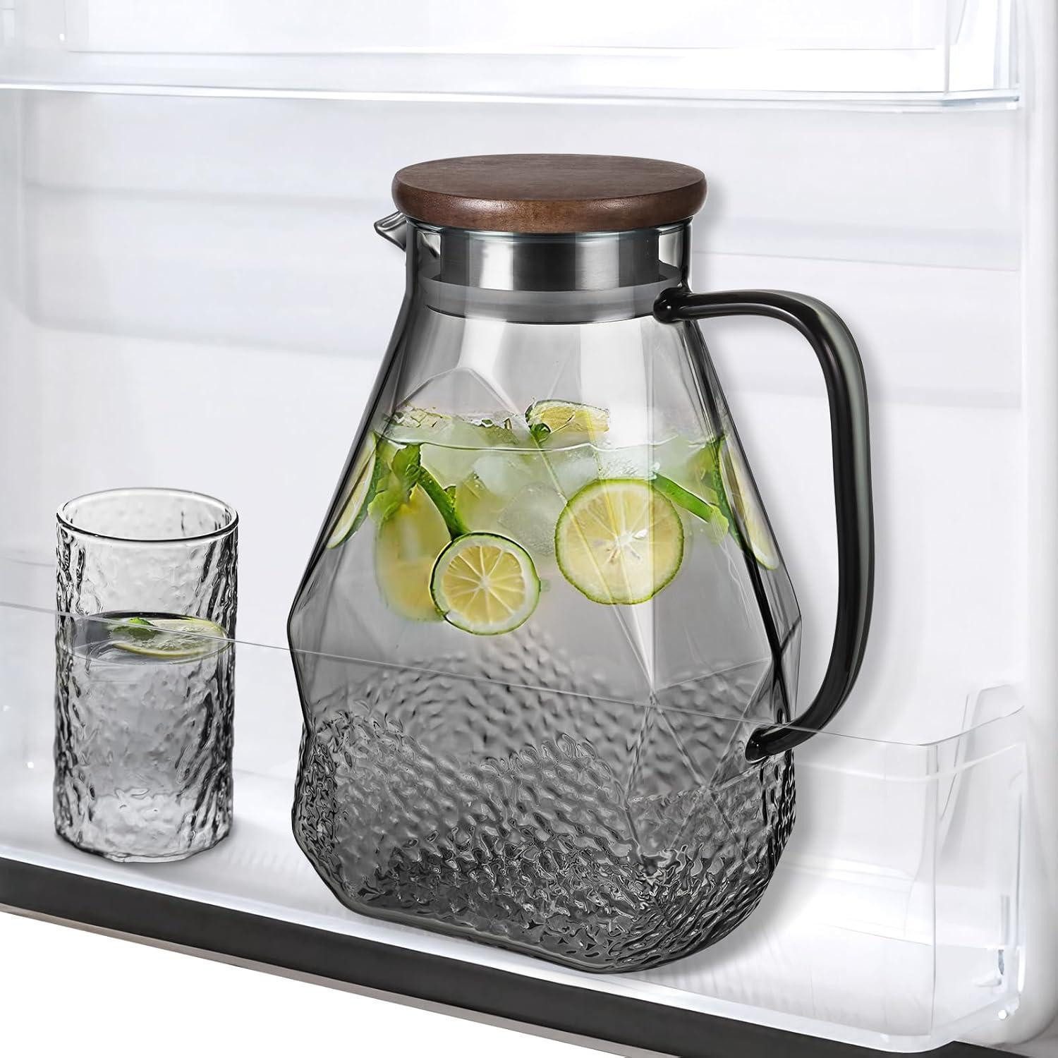 LuxusKollektion Glas Glaskaraffe 1.8L Wasserkaraffe mit Deckel Schwarz für Kühlschrank