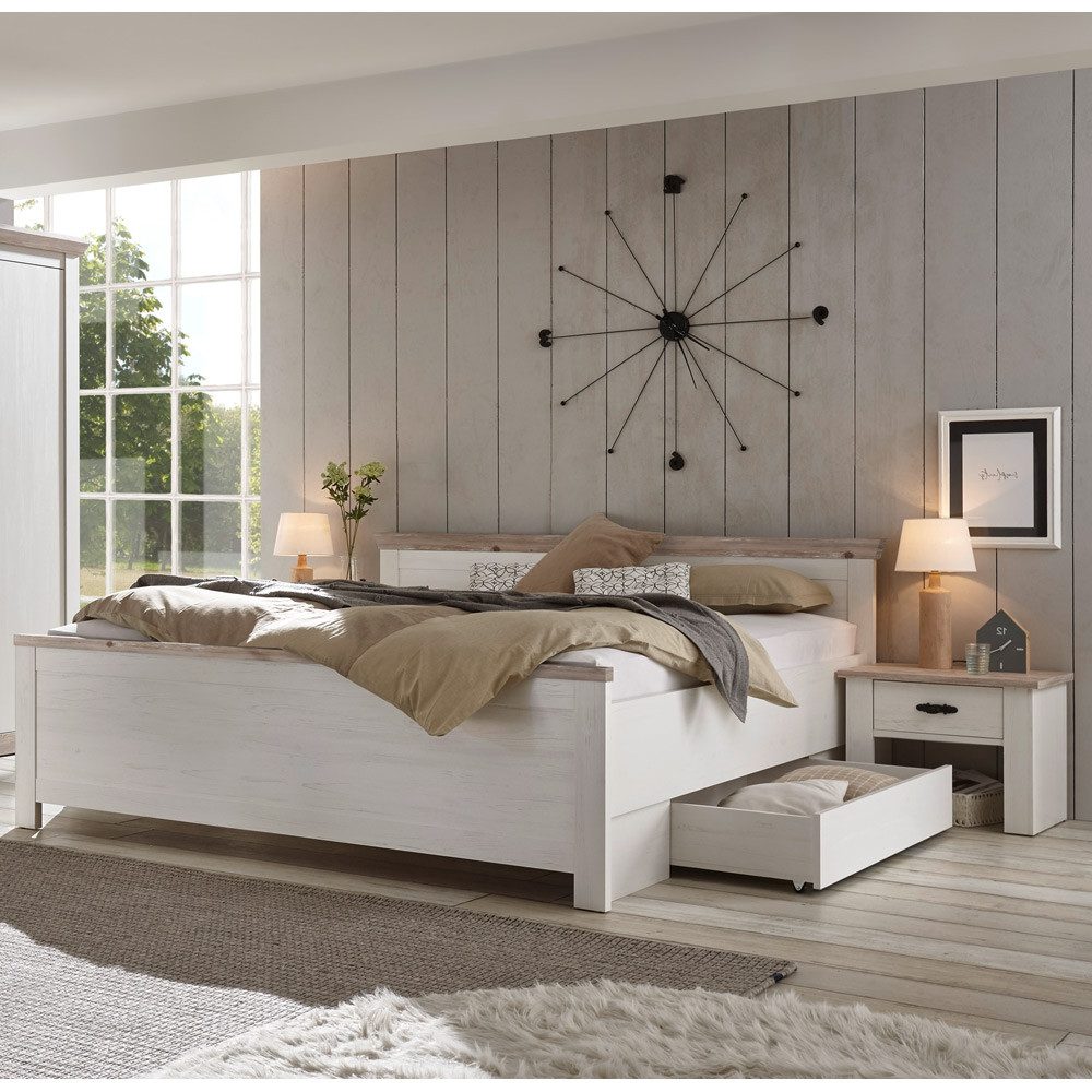 Lomadox Schlafzimmer-Set FERNA-61, (Spar-Set, 4-tlg), Pinie weiß Nb. mit Pinie dunkel Nb. im Landhaus Design 331/86/208 cm