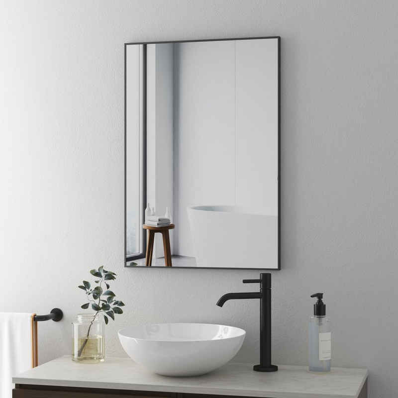 Boromal Badspiegel Wandspiegel Spiegel Schwarz 100x60 80x60 50x70 eckig Metall Alu Rahmen (Badezimmerspiegel, ohne beleuchtung), 5mm HD Bleifreier Spiegel, Vertikal Horizontal montierbar