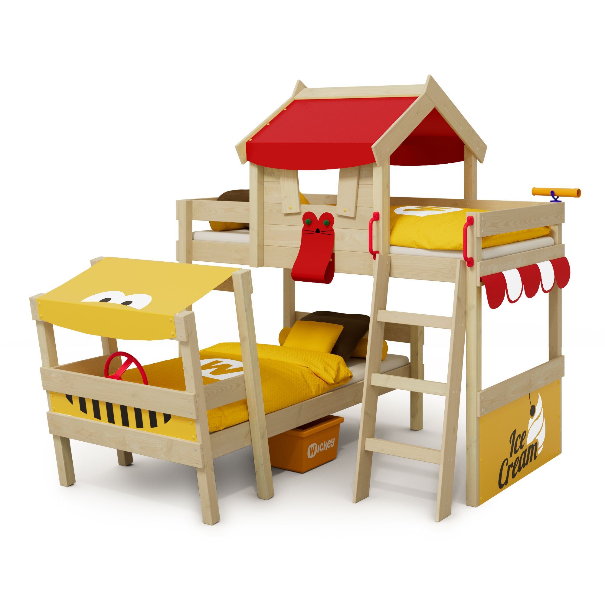 Wickey Kinderbett Crazy Trunky - Spielbett, 90 x 200 cm Hochbett (Holzpaket aus Pfosten und Brettern, Spielbett für Kinder), Massivholzbrett rot/gelb