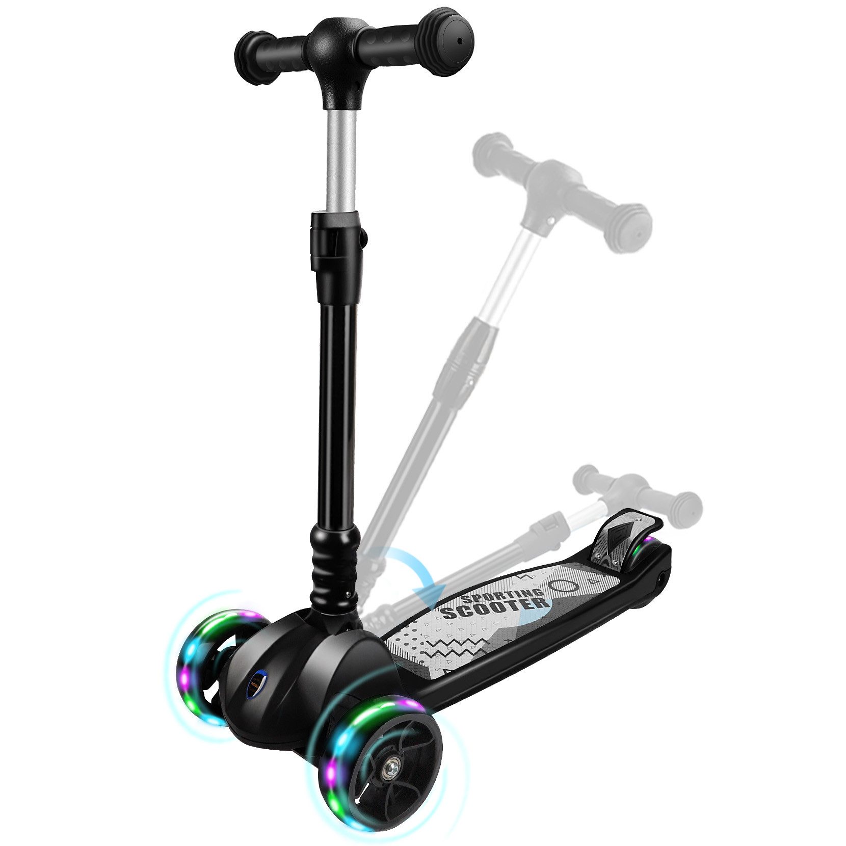 OUNUO Dreiradscooter Höhenverstellbarer Kinderroller mit LED-Rädern für Kinder ab 3 Jahren