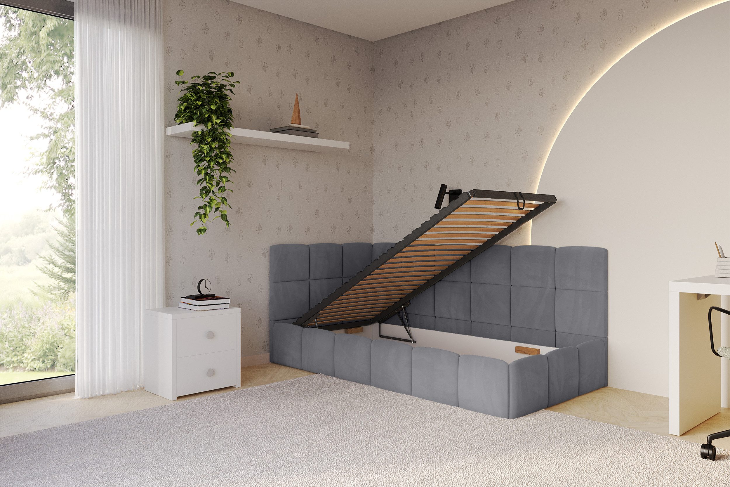 ALTDECOR Jugendbett LIVY (Jugendbett mit Bettkasten und Lattenrost, Polsterbett ohne Matratze), Einzelbett mit Stauraum, Bett mit Kopfteil – Bild 3 von 5