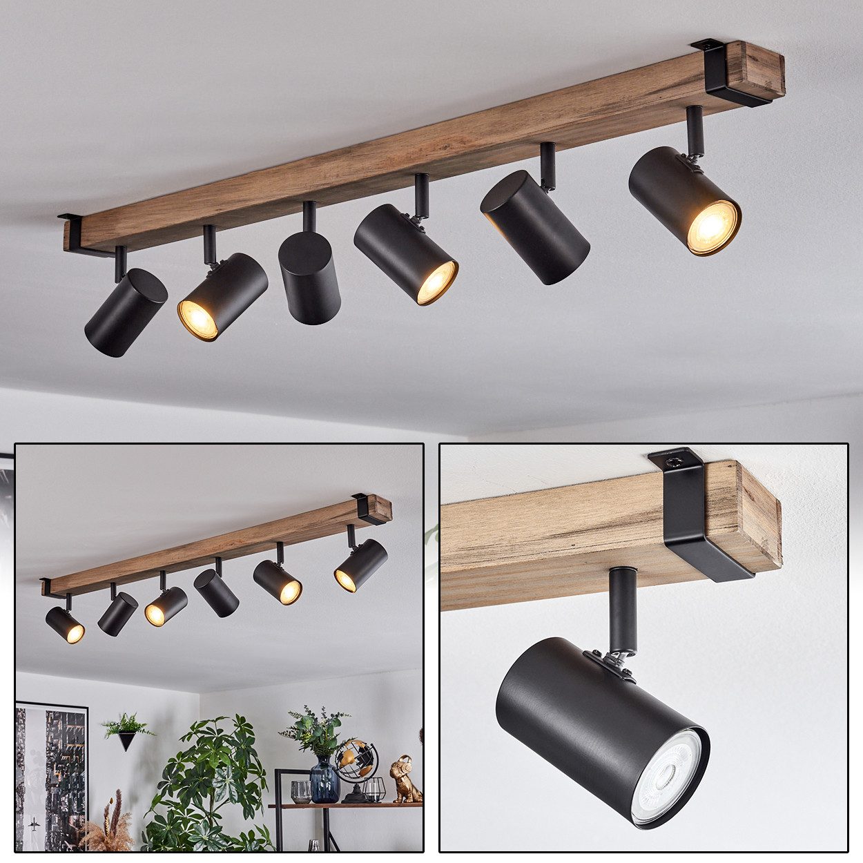 hofstein Deckenleuchte Deckenlampe aus Metall/Holz in Schwarz/Naturfarben, günstig online kaufen