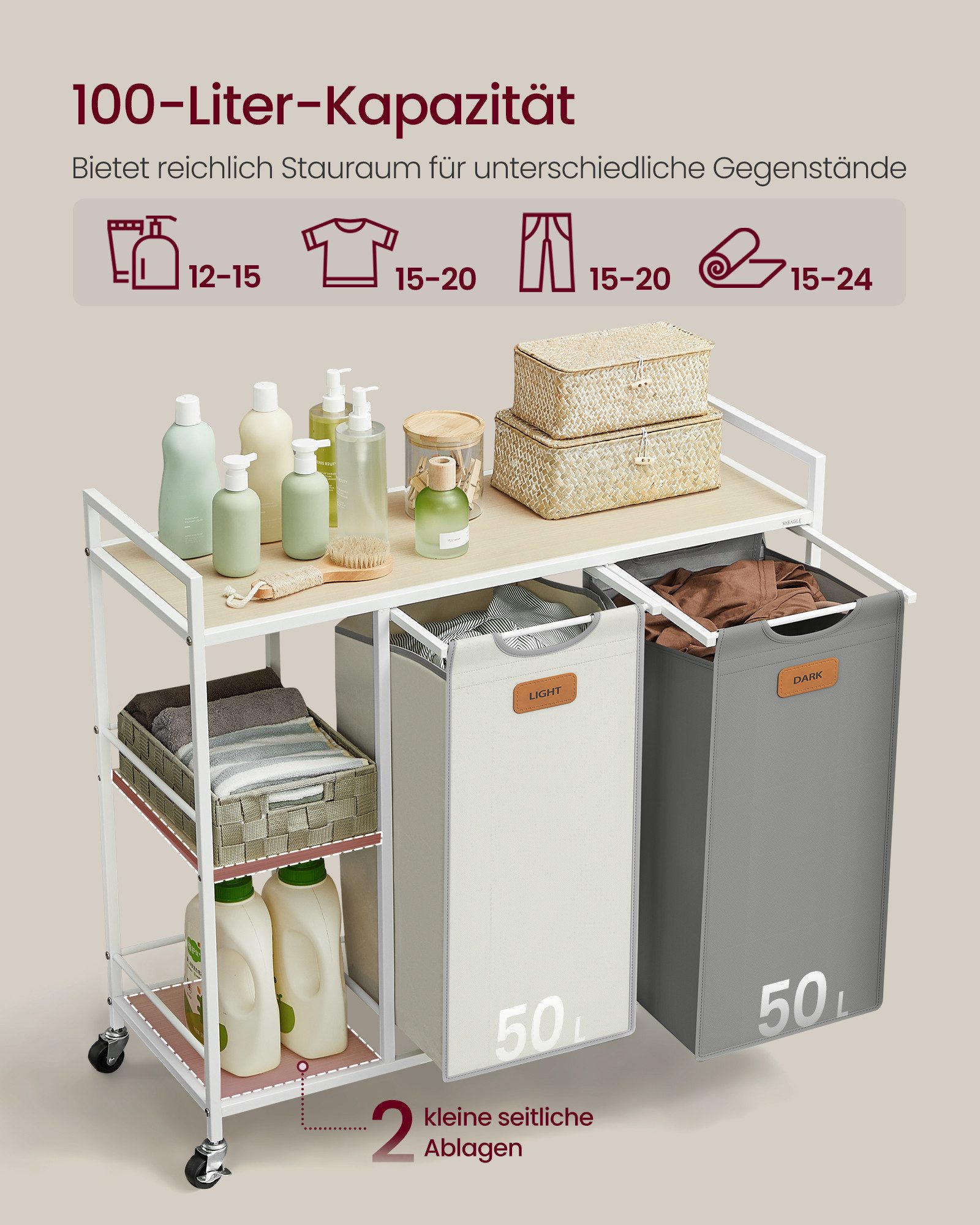 VASAGLE Wäschekorb Wäschesortierer, Rollen, Wäschewagen mit Ablagen, Wäschesack, Wäschekorb 2 Fächer, Wäschesammler 100 L, mit abnehmbaren Taschen