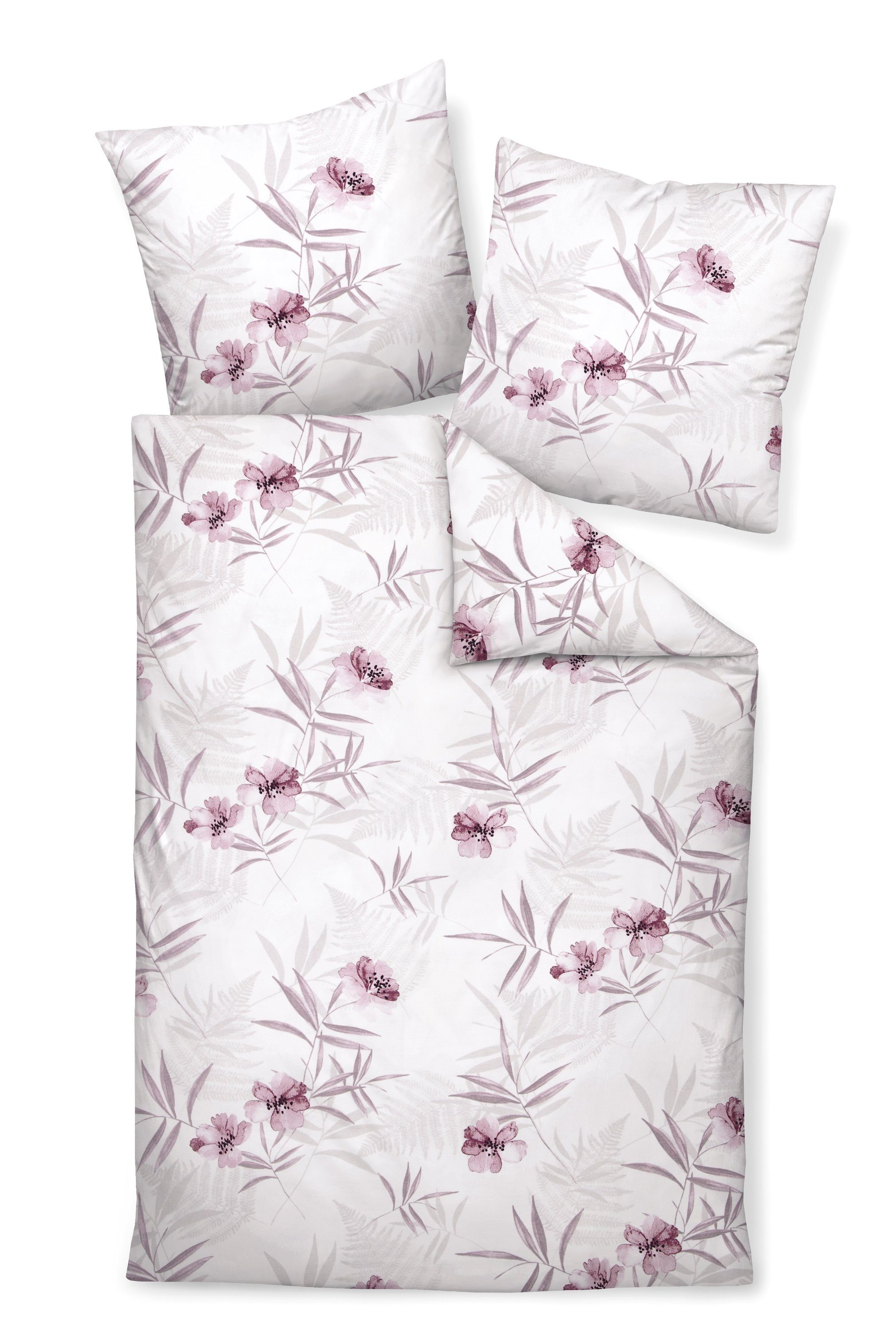 Bettwäsche Premium Baumwolle, Traumschloss, Flanell, 2 teilig, rosa Blüten und blätter auf hellem Hintergrund