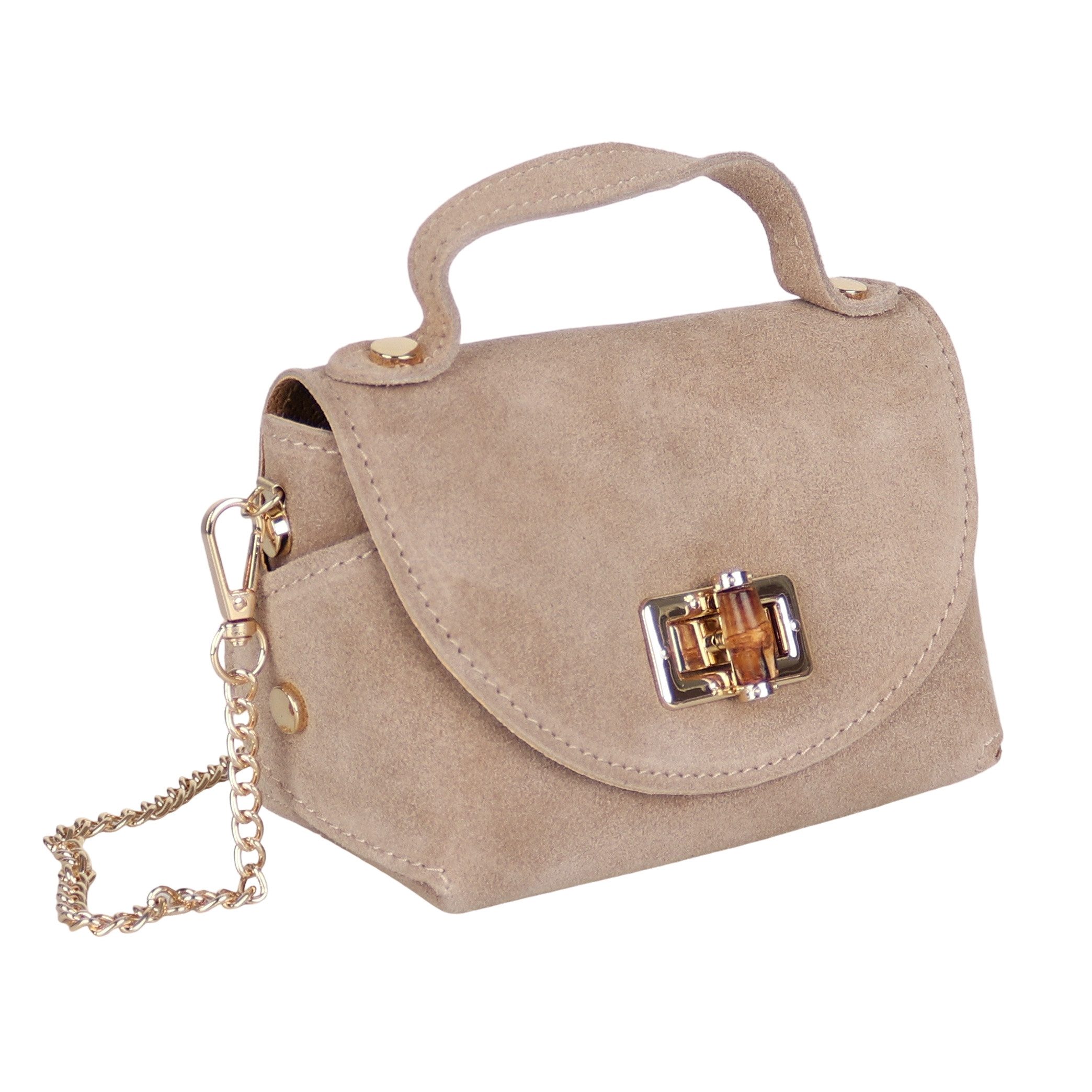 MIRROSI Henkeltasche Damen kleine Tasche aus Echtleder Schultertasche 16,50x10x8,50 cm, Mit goldfarbener Kette, ca. 125 cm lang
