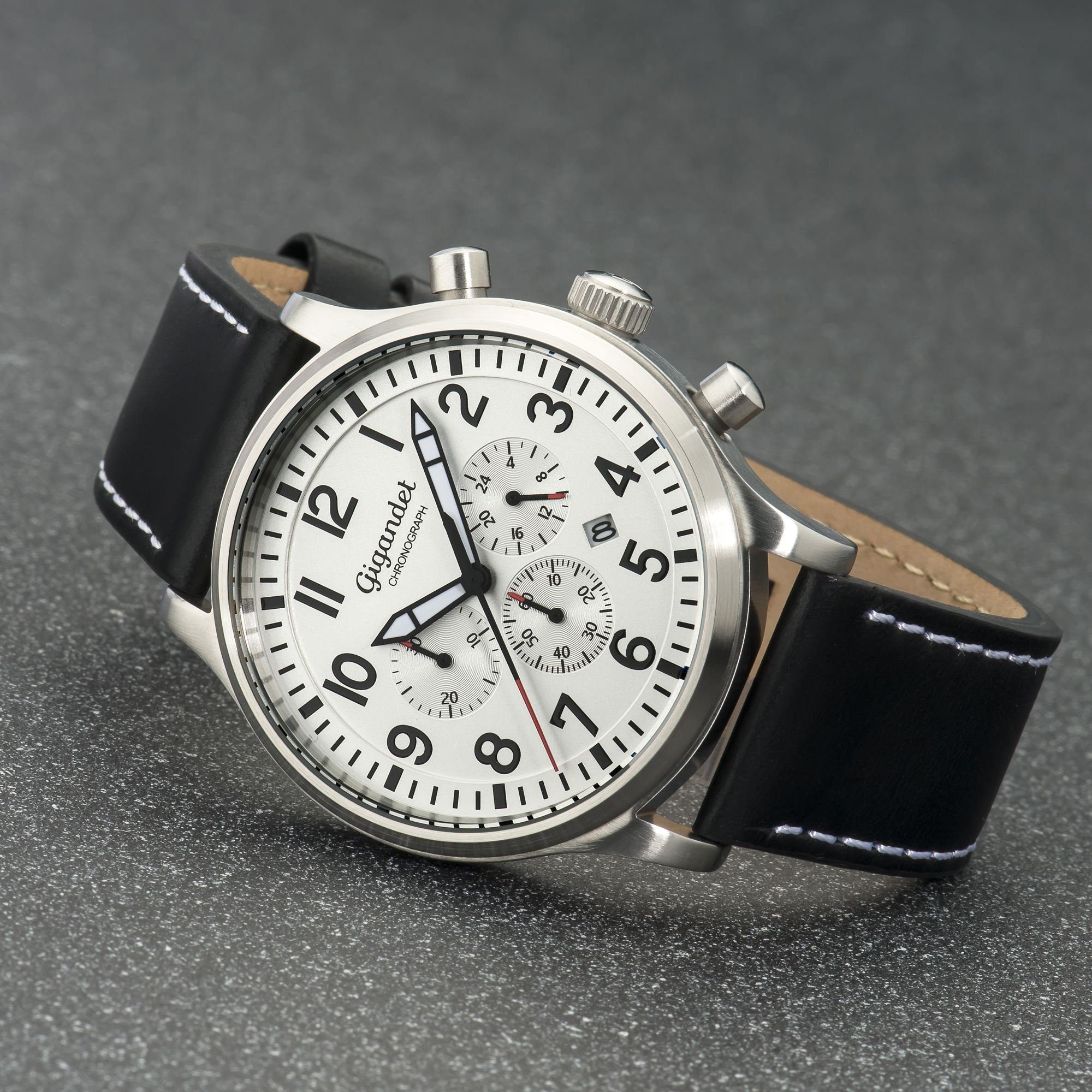Gigandet Chronograph Armbanduhr, Herrenuhr, Fliegeruhr, 46mm, DESTINATION G15-002, Mineralglas, Datumsanzeige, Lederband, 10bar/100m wasserdicht