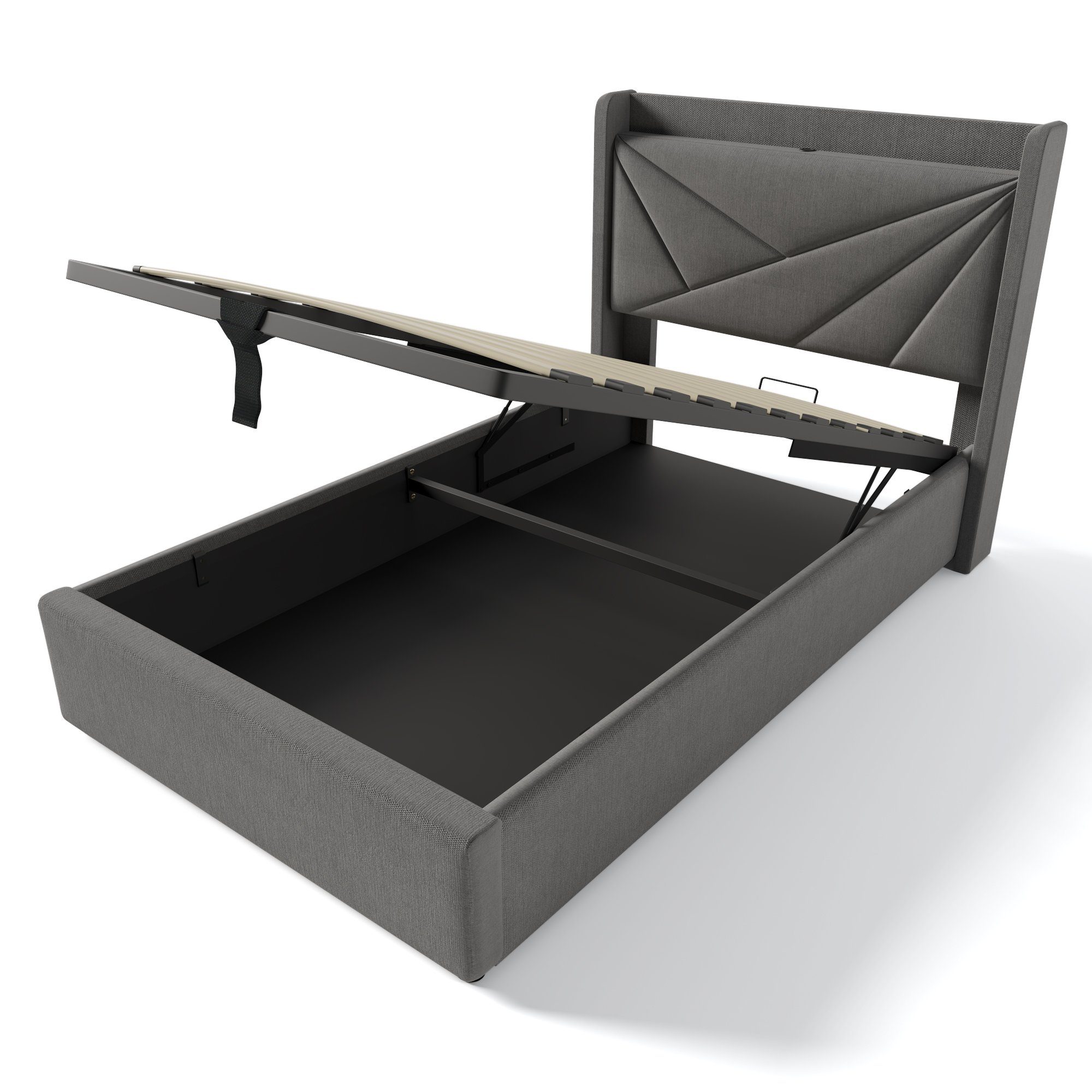 Polsterbett (Funktionsbett Hydraulisches Bett mit Lattenrost), Stauraumbett 90x200cm mit USB Typ C Ladefunktion Kopfteil, Leinen