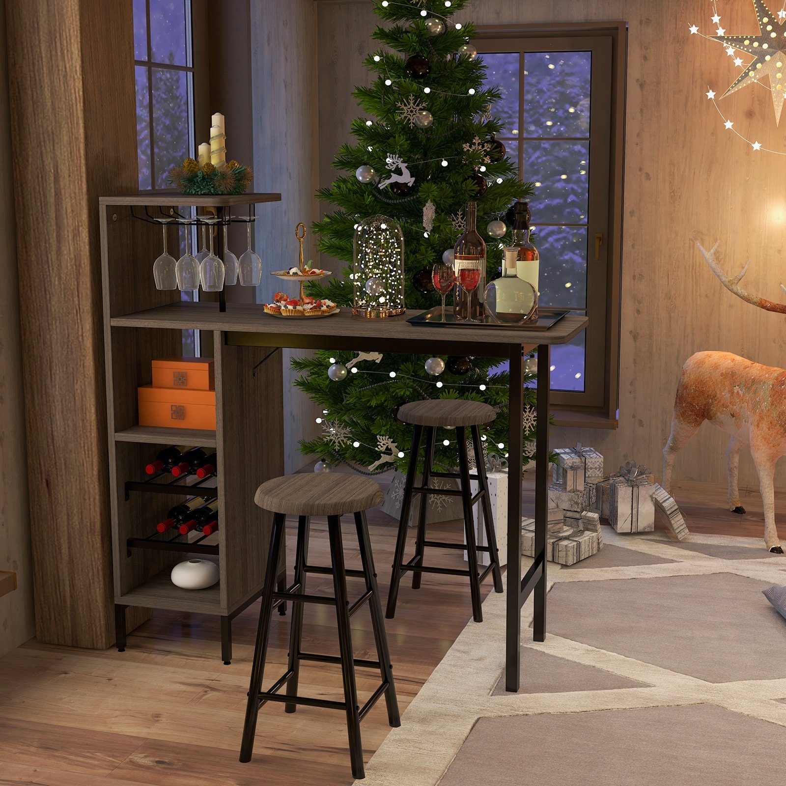 COSTWAY Bartisch (3 TLG. mit Hockern), mit Weinregal & Halterungen günstig online kaufen