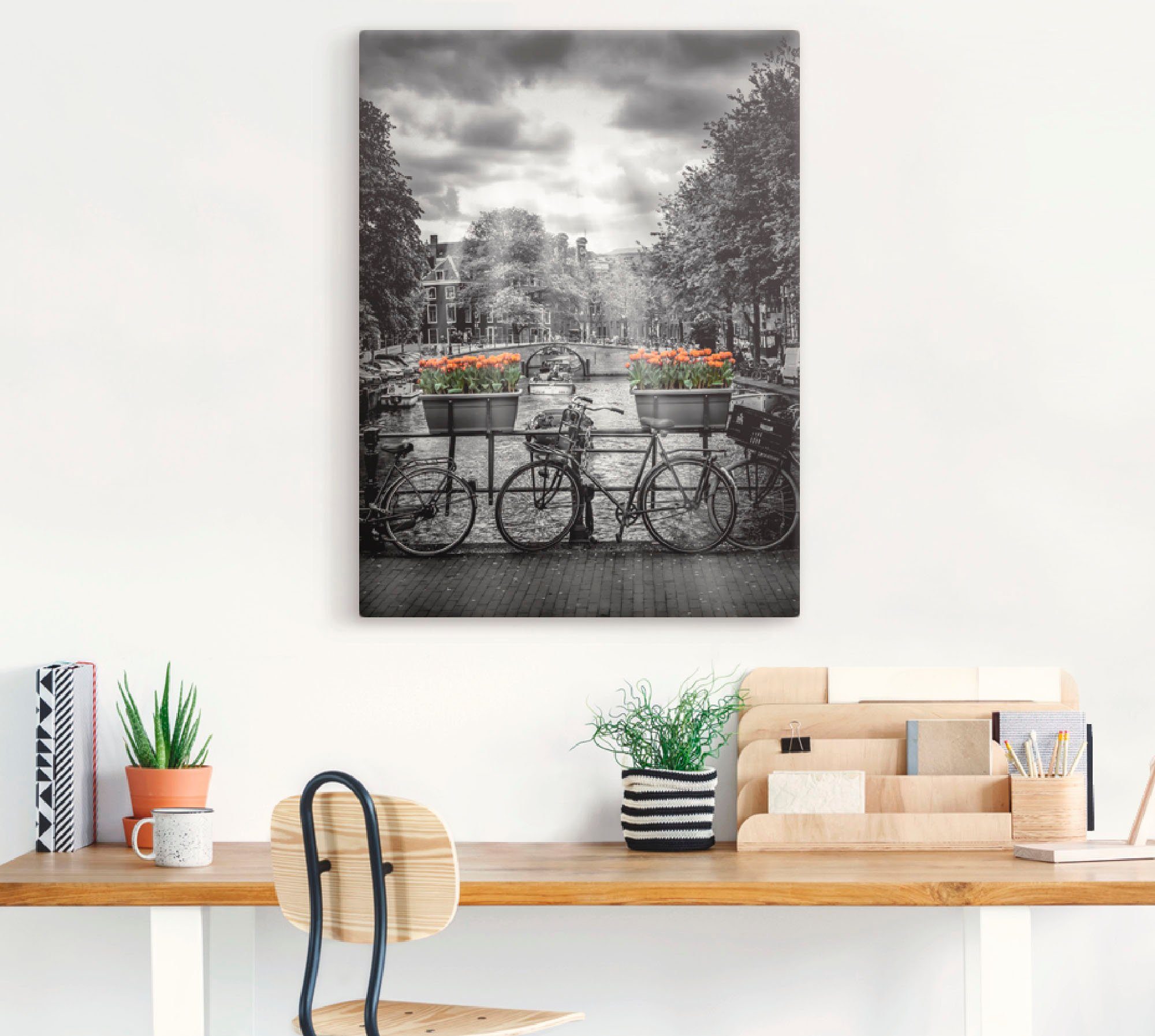 Artland Leinwandbild Amsterdam Herengracht & Sonnenstrahlen, Fahrräder (1 St), auf Holzrahmen gespannt