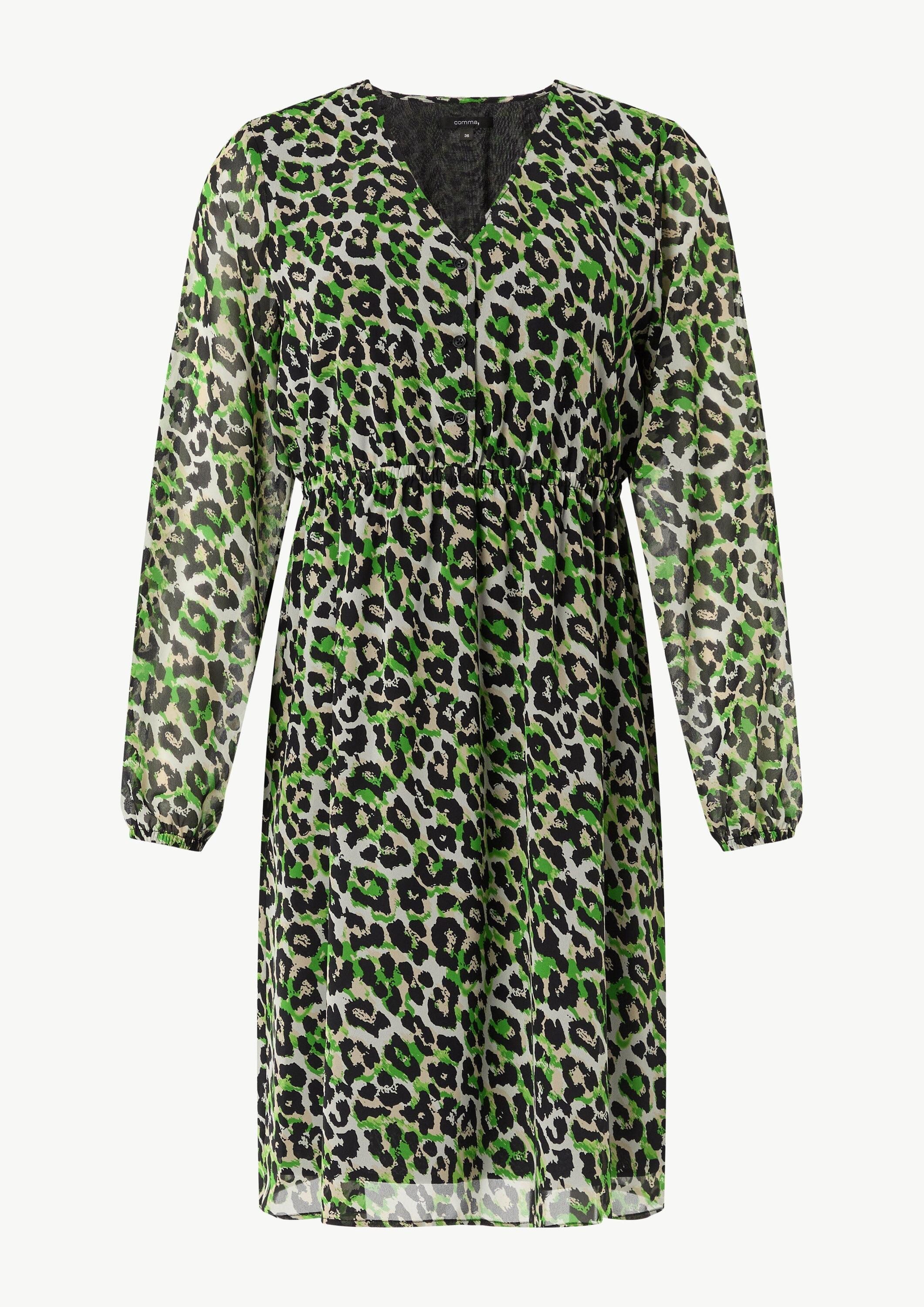 comma Minikleid Kleid Kurzes Chiffon-Kleid mit Leo-Print und Knopfleiste