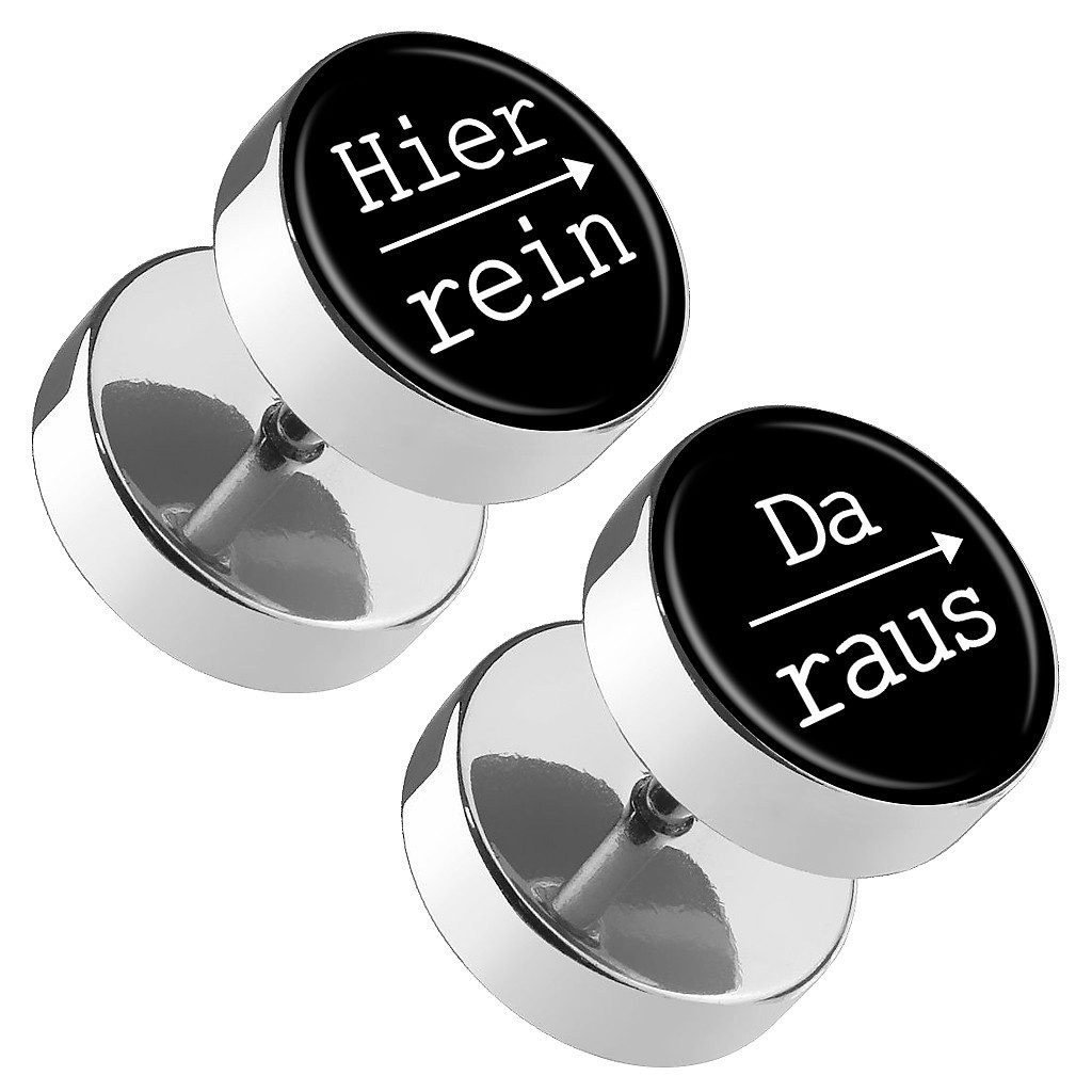 Taffstyle Fake-Ear-Plug Motiv Ohr Fake Plug mit Spruch Hier rein, Da raus aus Chirurgenstahl (Humorvoller Ohrpiercing Fake Plug mit Spruch Motiv in mehreren Farben wählbar)