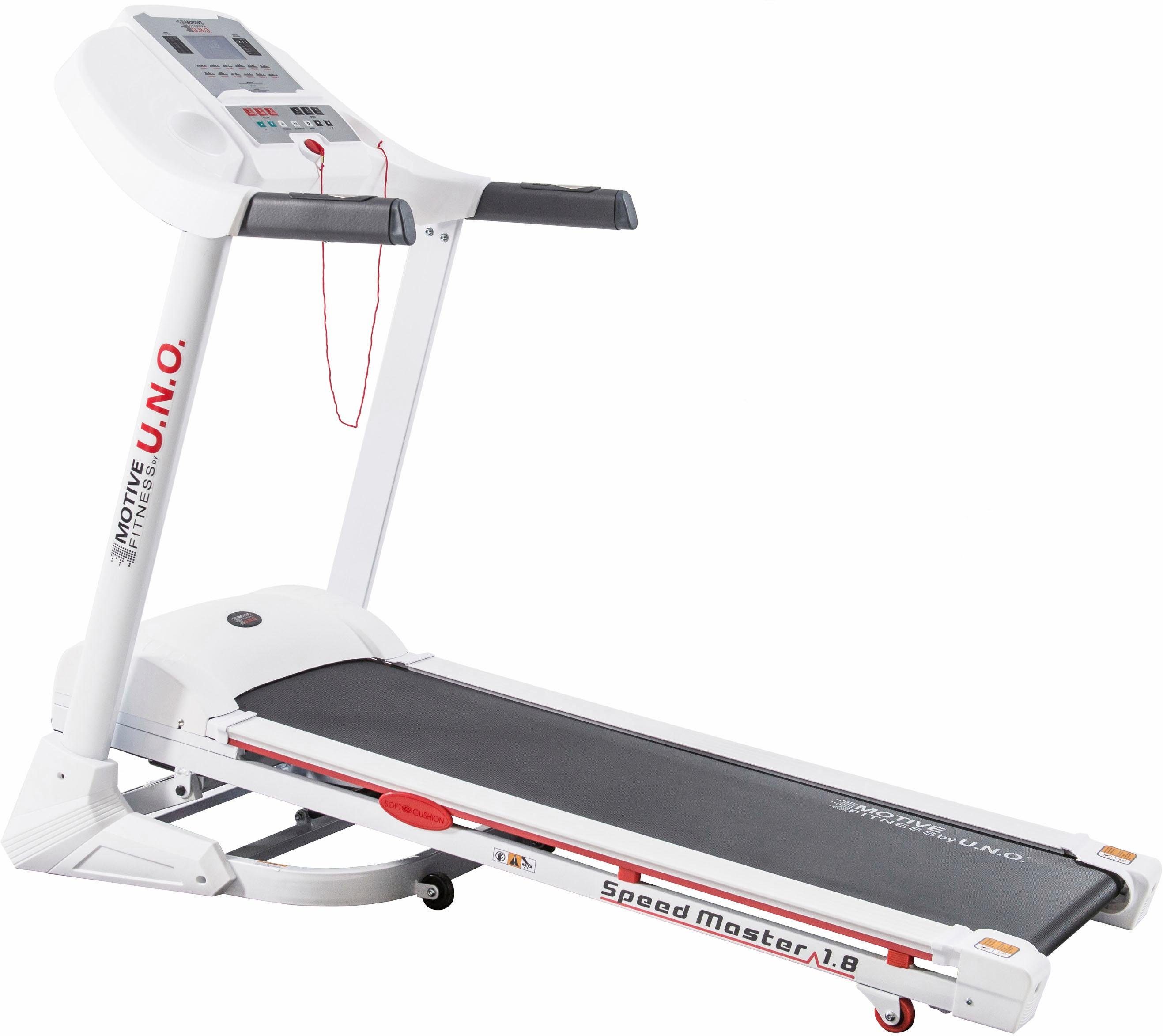 MOTIVE FITNESS by U.N.O. Laufband Speed Master 1.8 (mit/ohne Unterlegmatte) (integrierten Transportrollen), bis max. 18 km/h, klappbar, 120 kg max. Benutzergewicht
