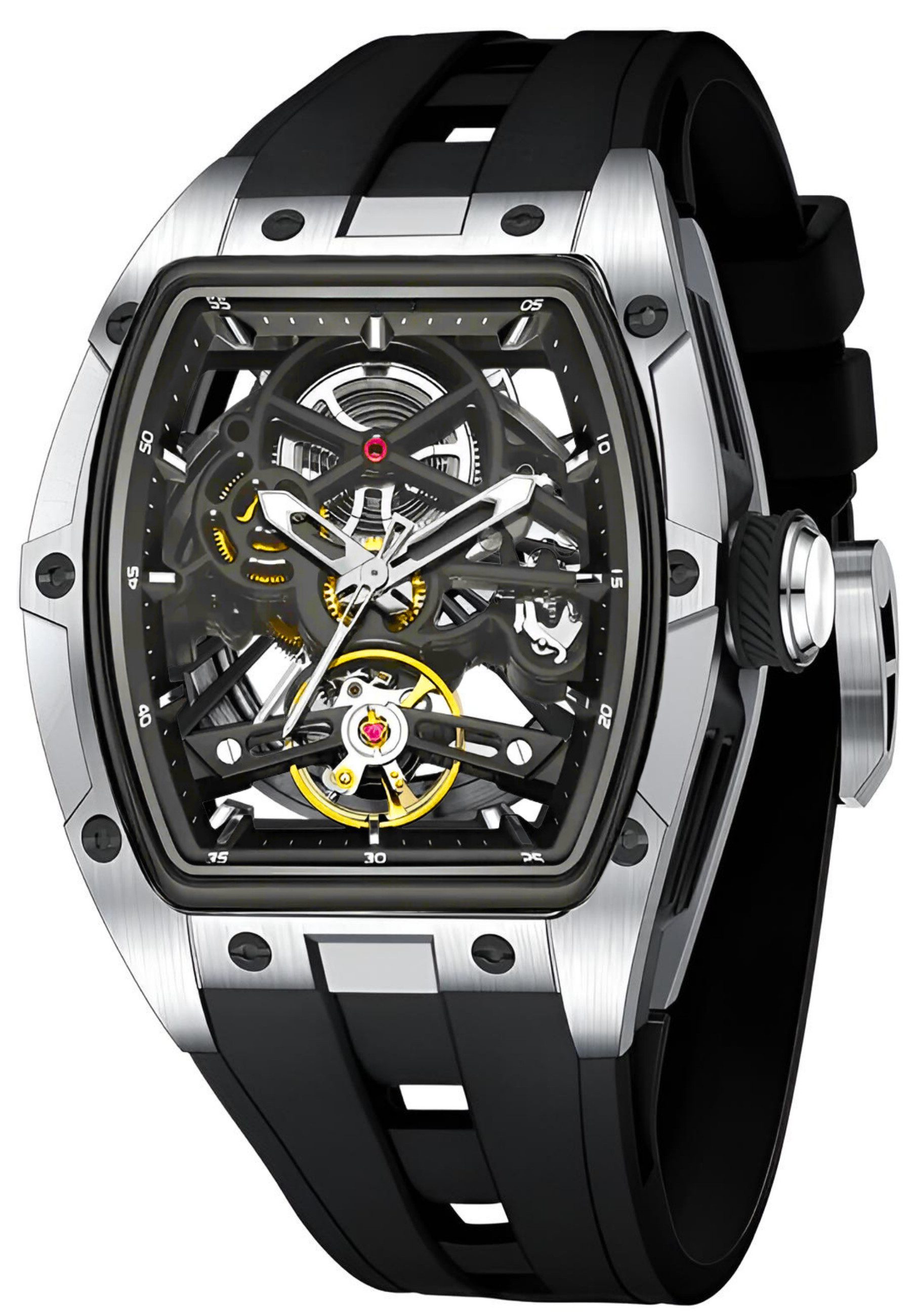 S&T Design Automatikuhr Armbanduhr Herren Uhr Edelstahl Silikon Skelett Skelleton, (inkl. Geschenkbox, Schnalle), Mechanisch 50M Wasserdicht Rechteckig