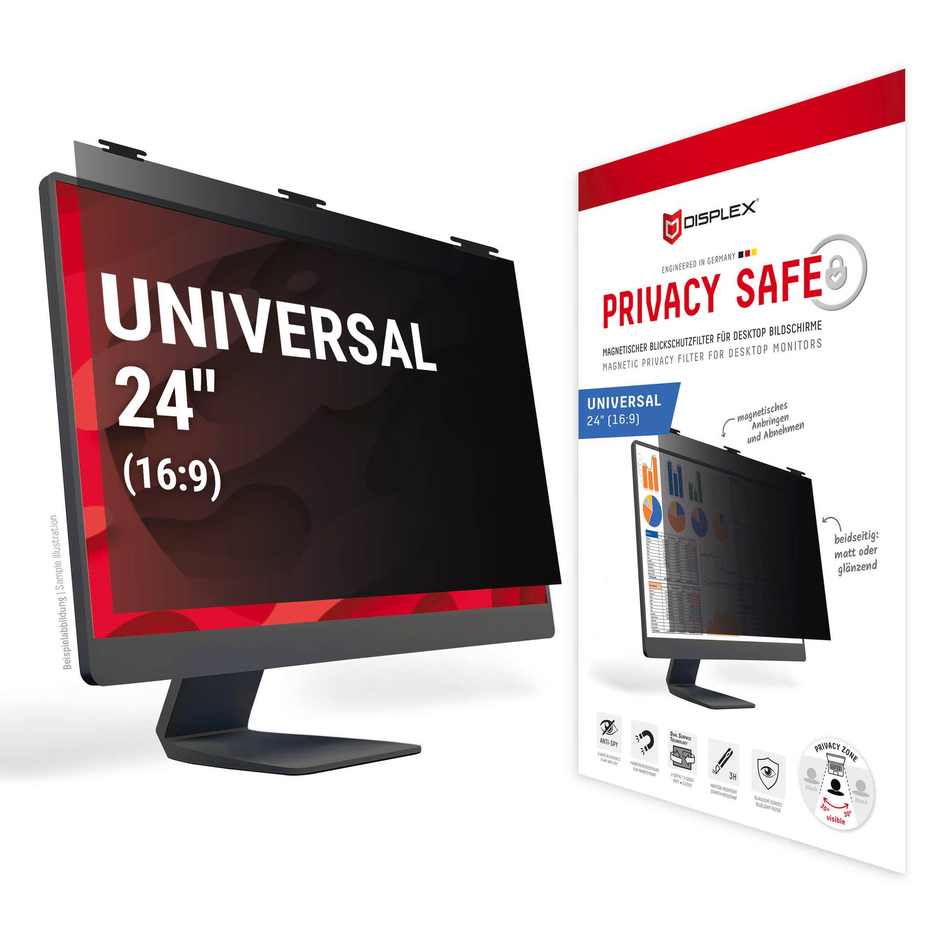 Displex Displayschutzfolie Privacy Safe Blickschutzfilter für Universell für Monitore mit 24 (16:9), Blickschutzfolie, Schutzfolie, Bildschirmschutz, kratz- & stoßfest