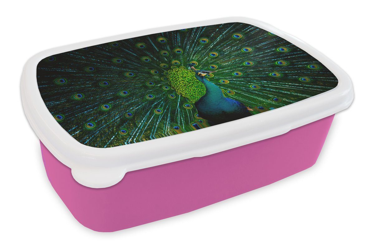 MuchoWow Lunchbox Pfau - Tanzen - Farbe, Kunststoff, (2-tlg), Brotbox für Erwachsene, Brotdose Kinder, Snackbox, Mädchen, Kunststoff rosa