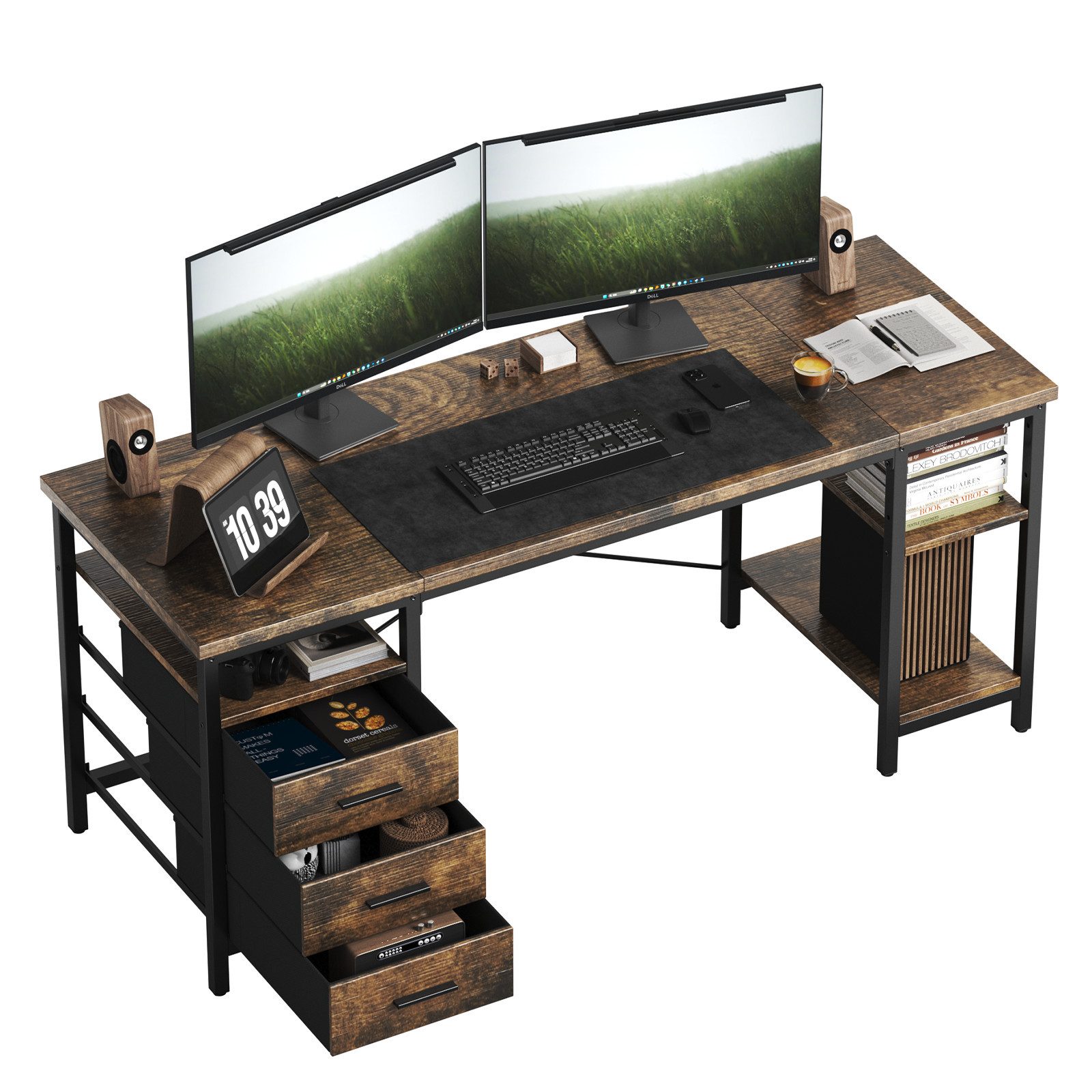 Patbrela Schreibtisch 120/140/160x60x75cm Umkehrbarer PC Tisch, Bürotisch Moderner Stil, Schreibtisch mit 3 Schubladen und 3 Justierbaren Regalen