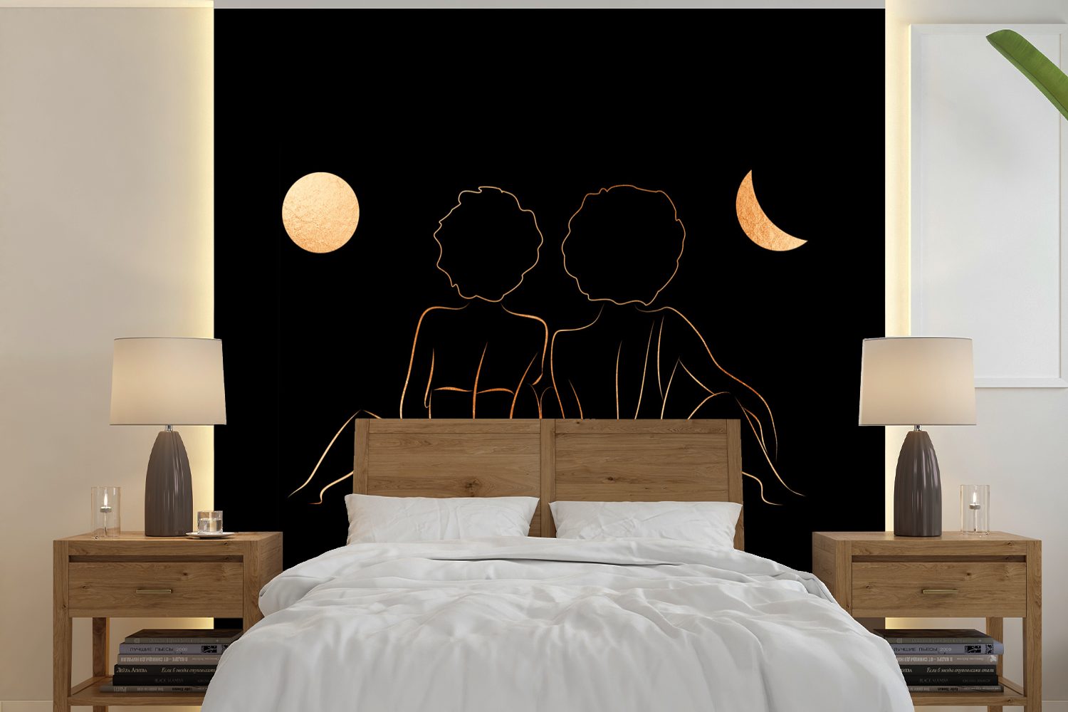 Wandtapete Schlafzimmer, Vinyl - für bedruckt, - Wohnzimmer Strichzeichnung, Tapete - (5 Frauen oder Fototapete Matt, Mond Gold St), MuchoWow