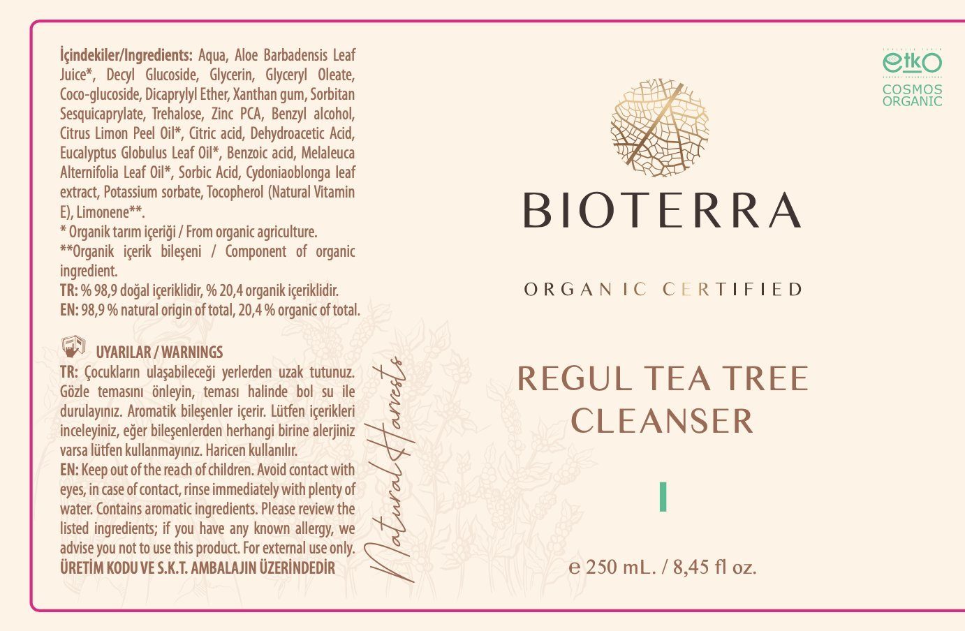 BIOTERRA Gesichts-Reinigungslotion Bio Teebaum Naturkosmetik, Gesichtsreiniger 250ml 1-tlg. Vegan Regulierende