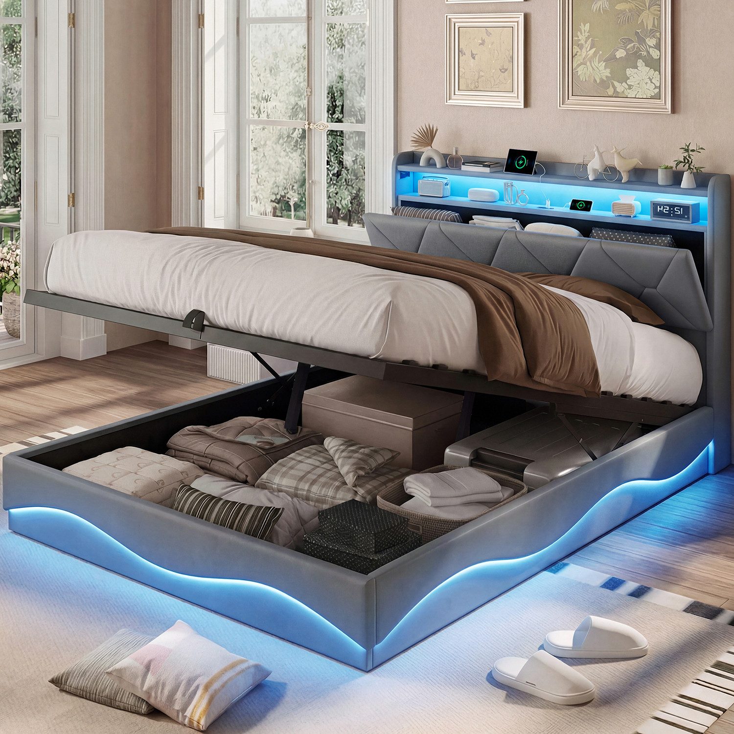 ADWOLT Polsterbett Doppelbett Stauraumbett Mit LED-Licht und USB (Packung, 1-tlg., Bettgestell mit LED-Beleuchtung und USB-Ladefunktion), 160x200 cm,Mit Bettkasten,Verstellbare LED-Leuchten,Samtstoff-Beige