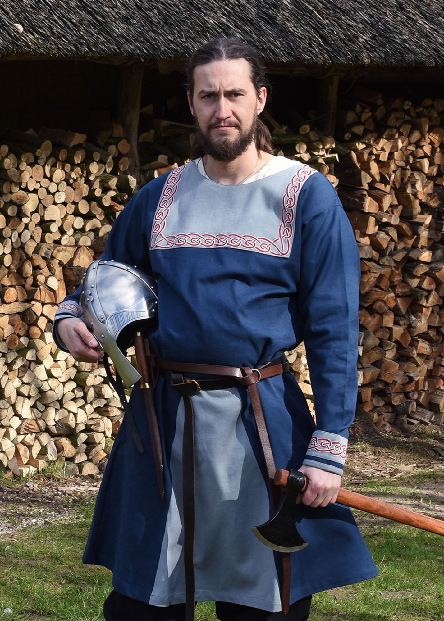 Battle Merchant Kostüm Wikinger Tunika Halvar mit Stickerei, blau, Gr. XXL