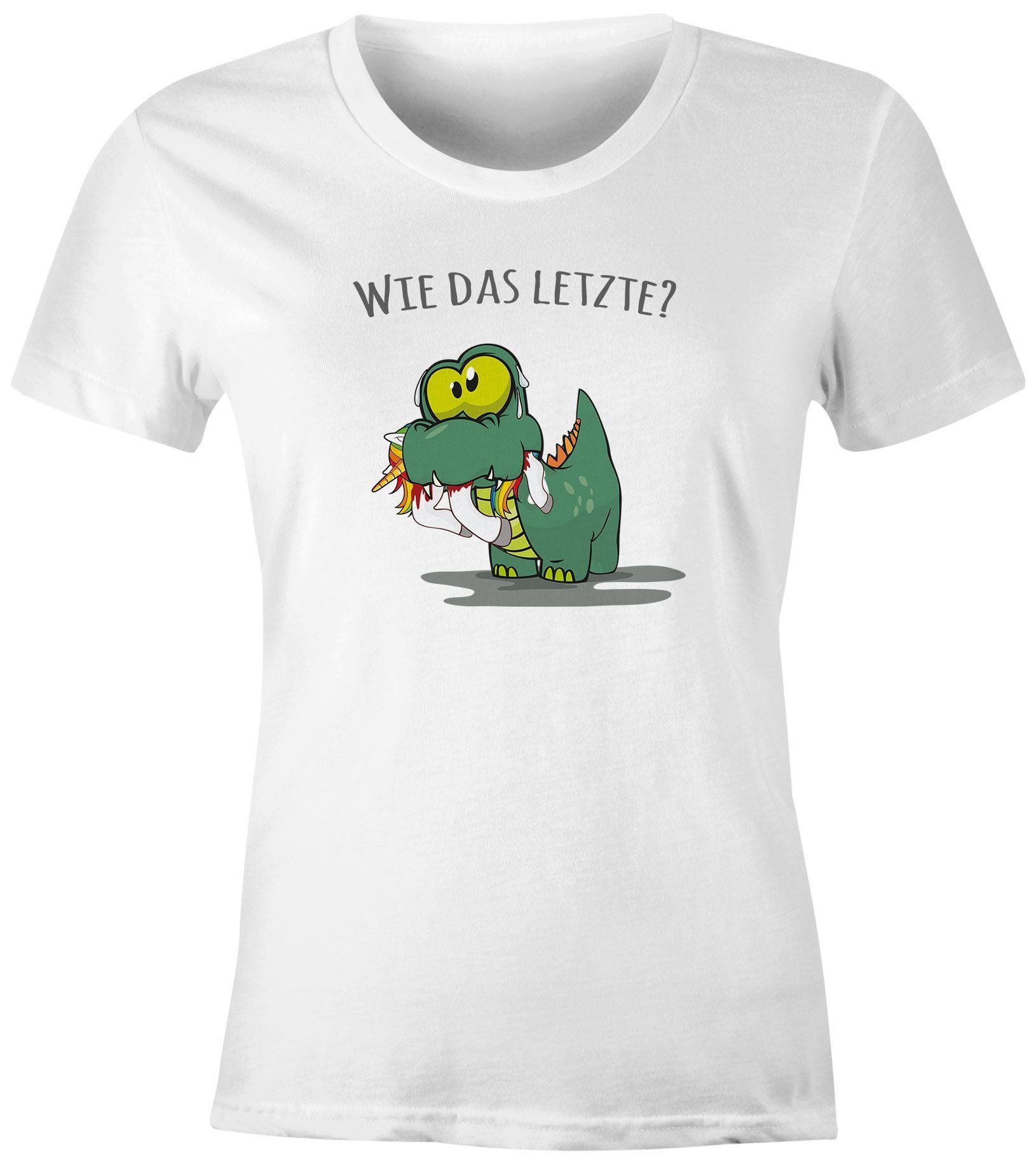 Damen Print-Shirt Spruch "Wie Fun-Shirt frisst lustig Print mit kleiner Dino Moonworks® T-Shirt Motiv das Letzte?" Fun Einhorn MoonWorks