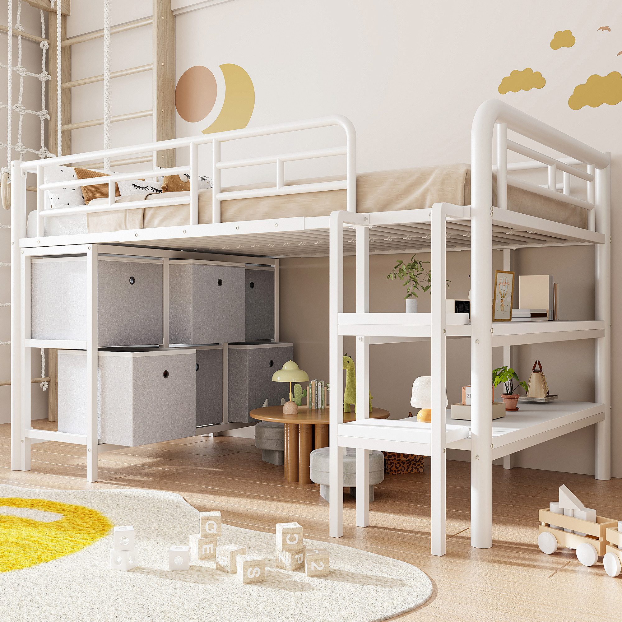 Flieks Hochbett Kinderbett Metallbett 90x200cm mit breiter Treppe, Schubladen, Regalen