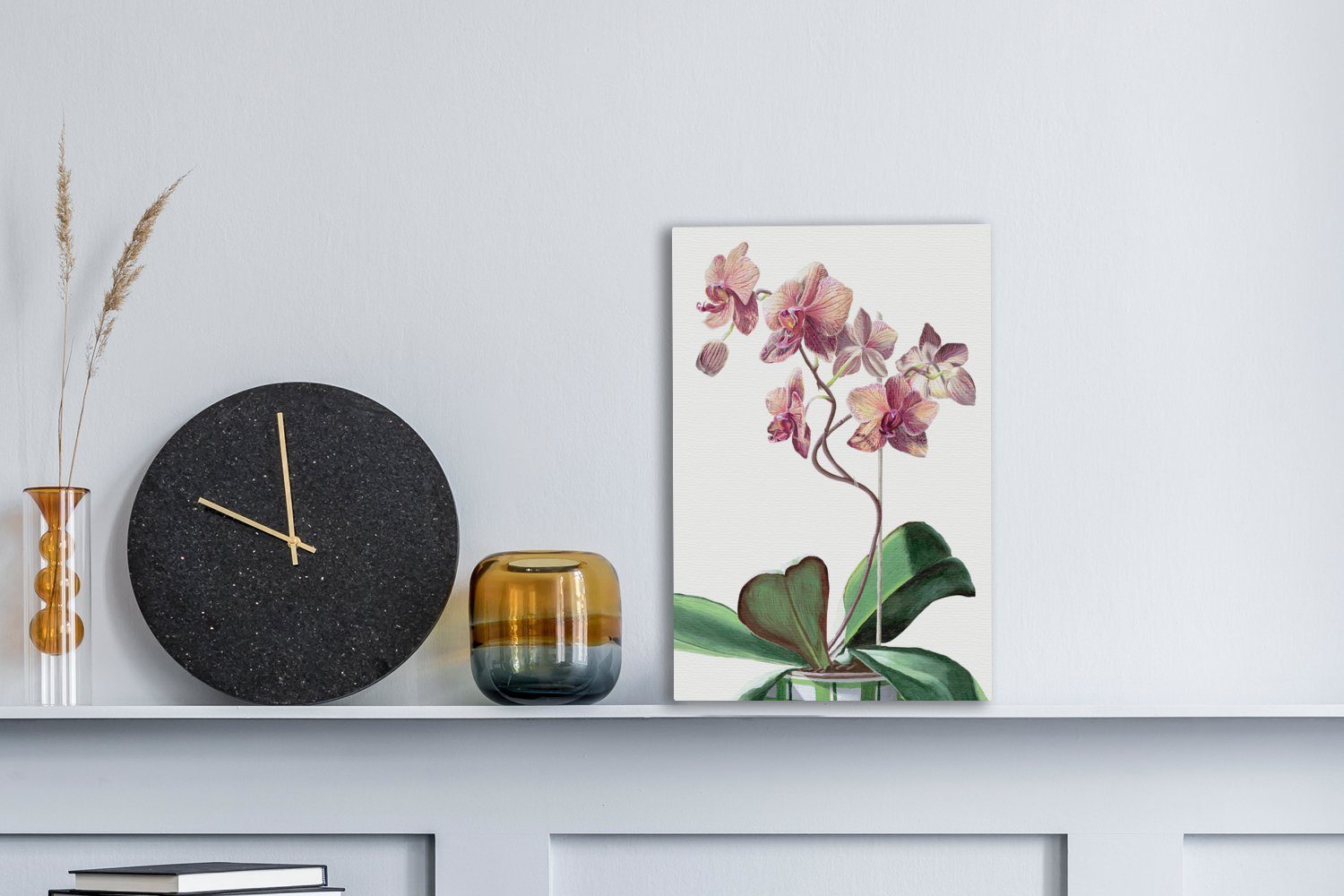 OneMillionCanvasses® Leinwandbild Eine Illustration einer Hintergrund, fertig Orchidee rosa weißem Zackenaufhänger, Leinwandbild St), cm (1 20x30 Gemälde, bespannt auf inkl