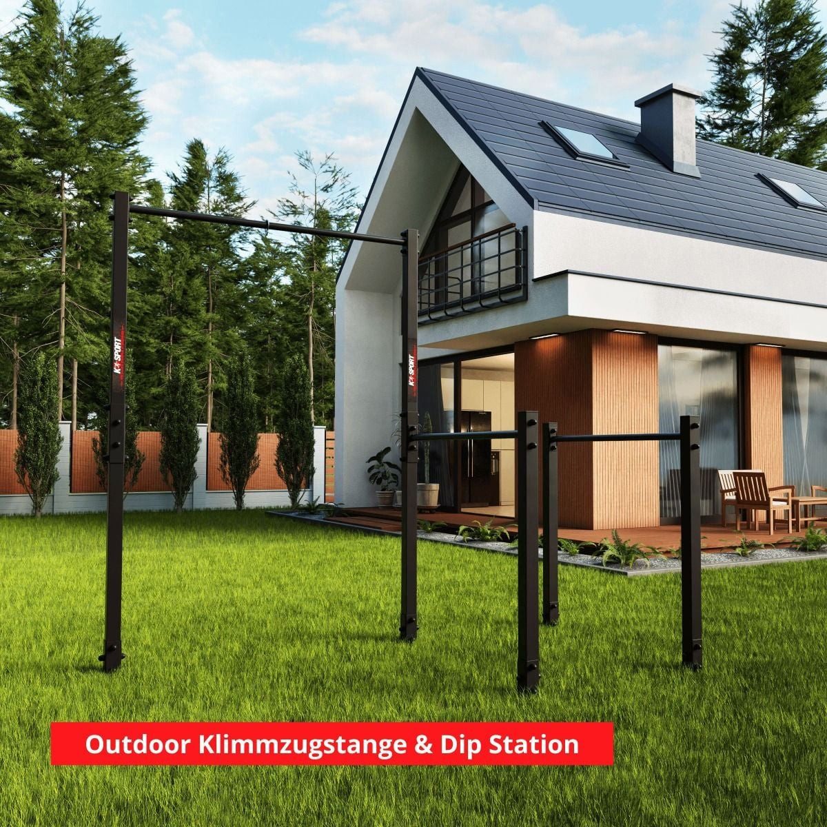 K-SPORT Klimmzugstange Stationäre Outdoor Klimmzugstange + Dip Station (bis 150 kg belastbar, Wetterfeste Kraftstation mit Pull-Up Bar & Dip Stange)